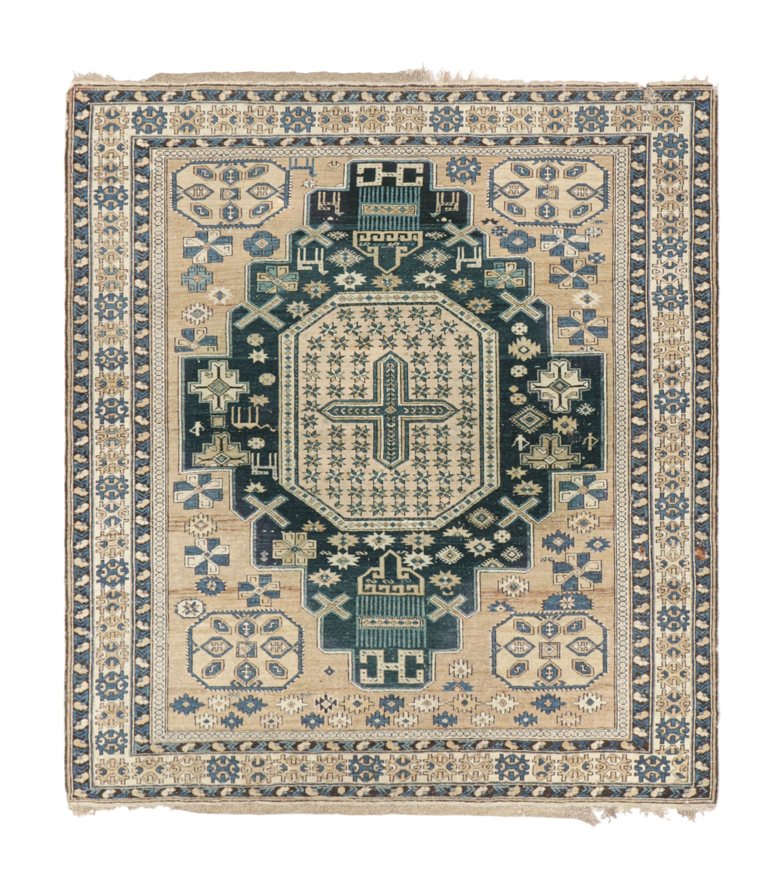 Antique Kuba Rug in Blue and Beige with Geometric Medallion - Rug & Kilim