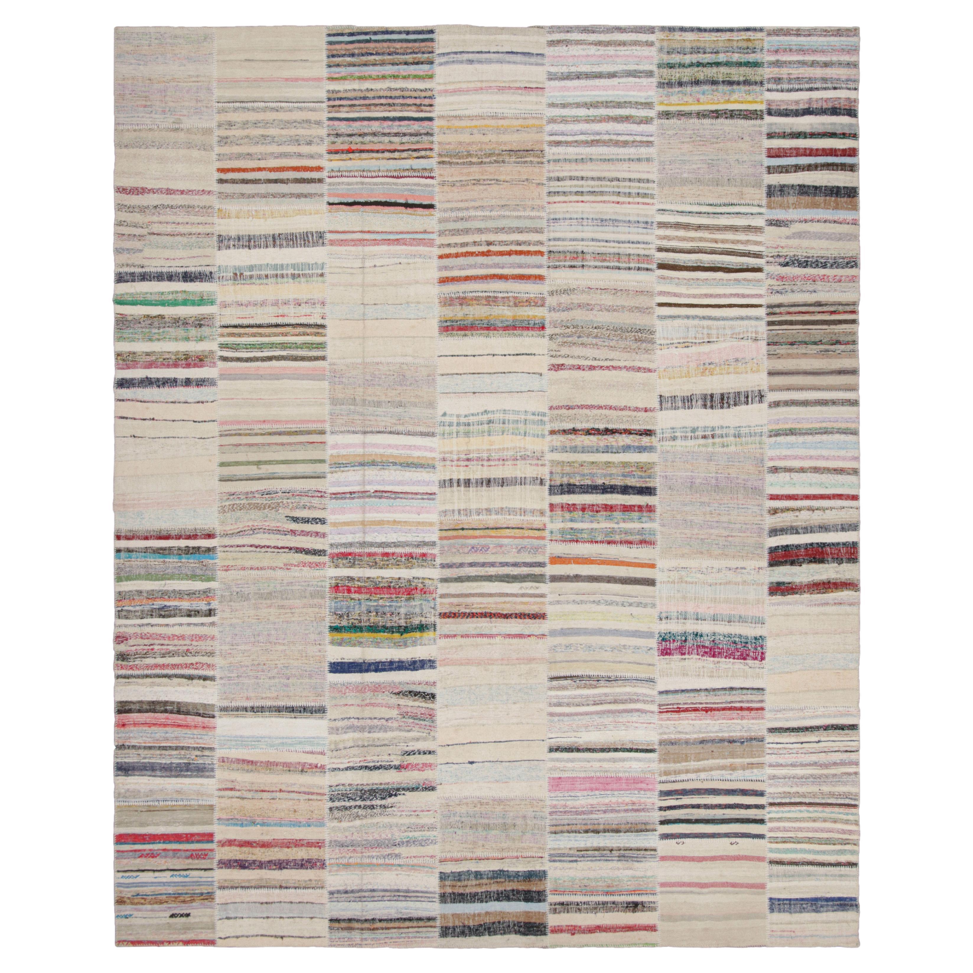 Rug & Kilim's Modern Patchwork Kilim Rug in Gray Multi-Color Stripe Pattern