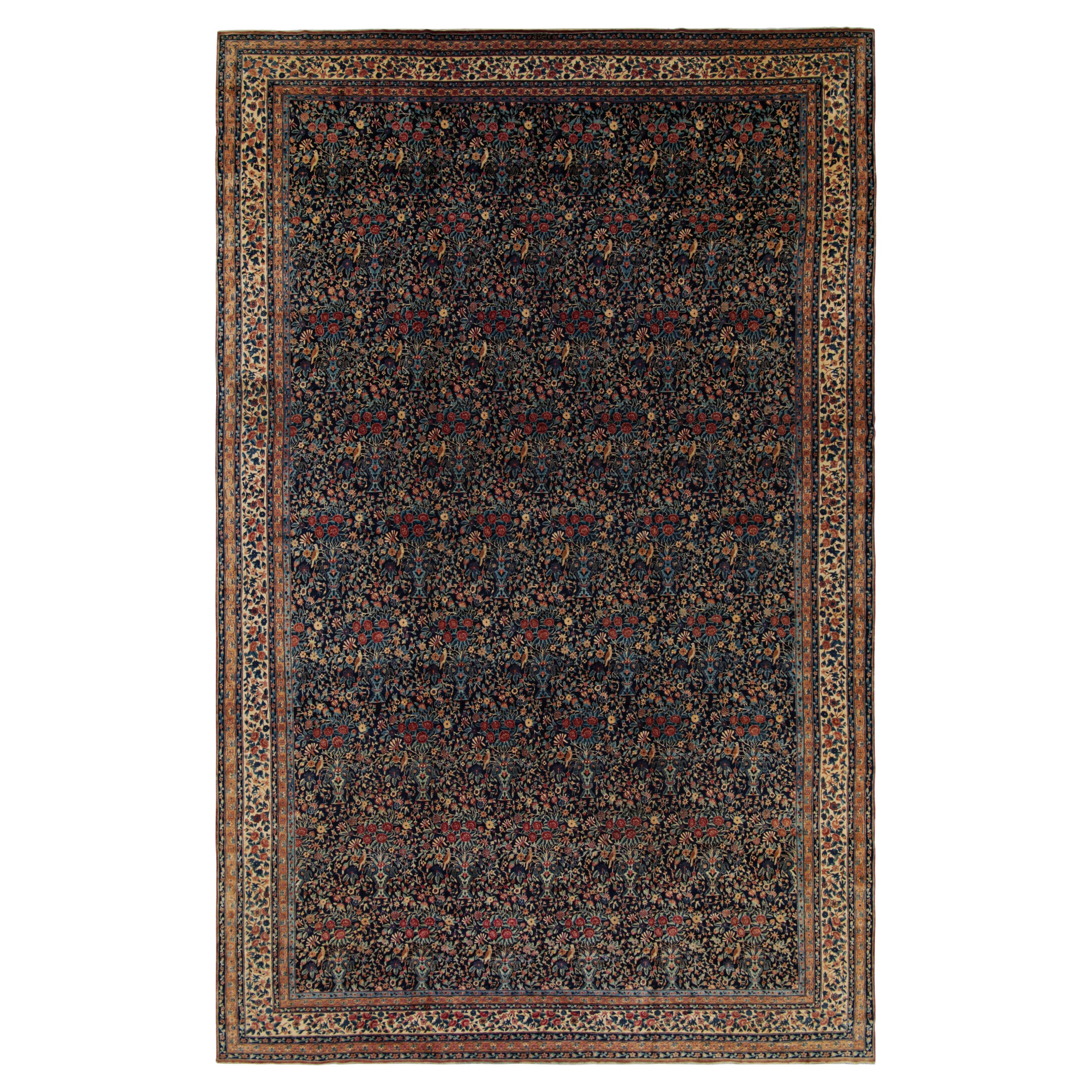 Antique Kerman Lavar Blue & Red Wool All-Over Floral Pattern Rug