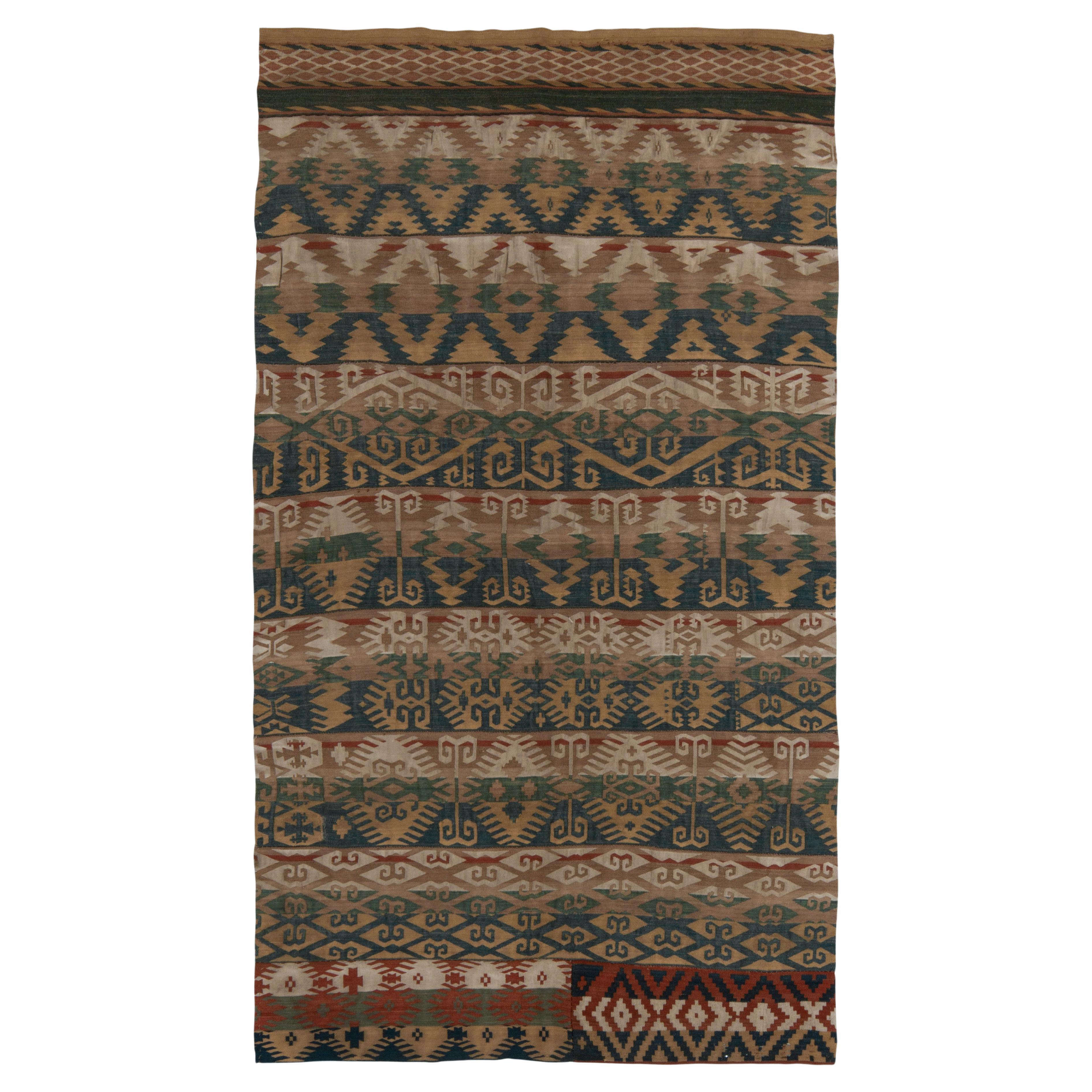 Vintage Kilim rug in Brown, Blue, Green Tribal Geometric Pattern by Rug & Kilim For Sale