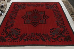 Antique Transitional Turkish Red and Black Geometric Pattern Kilim Rug