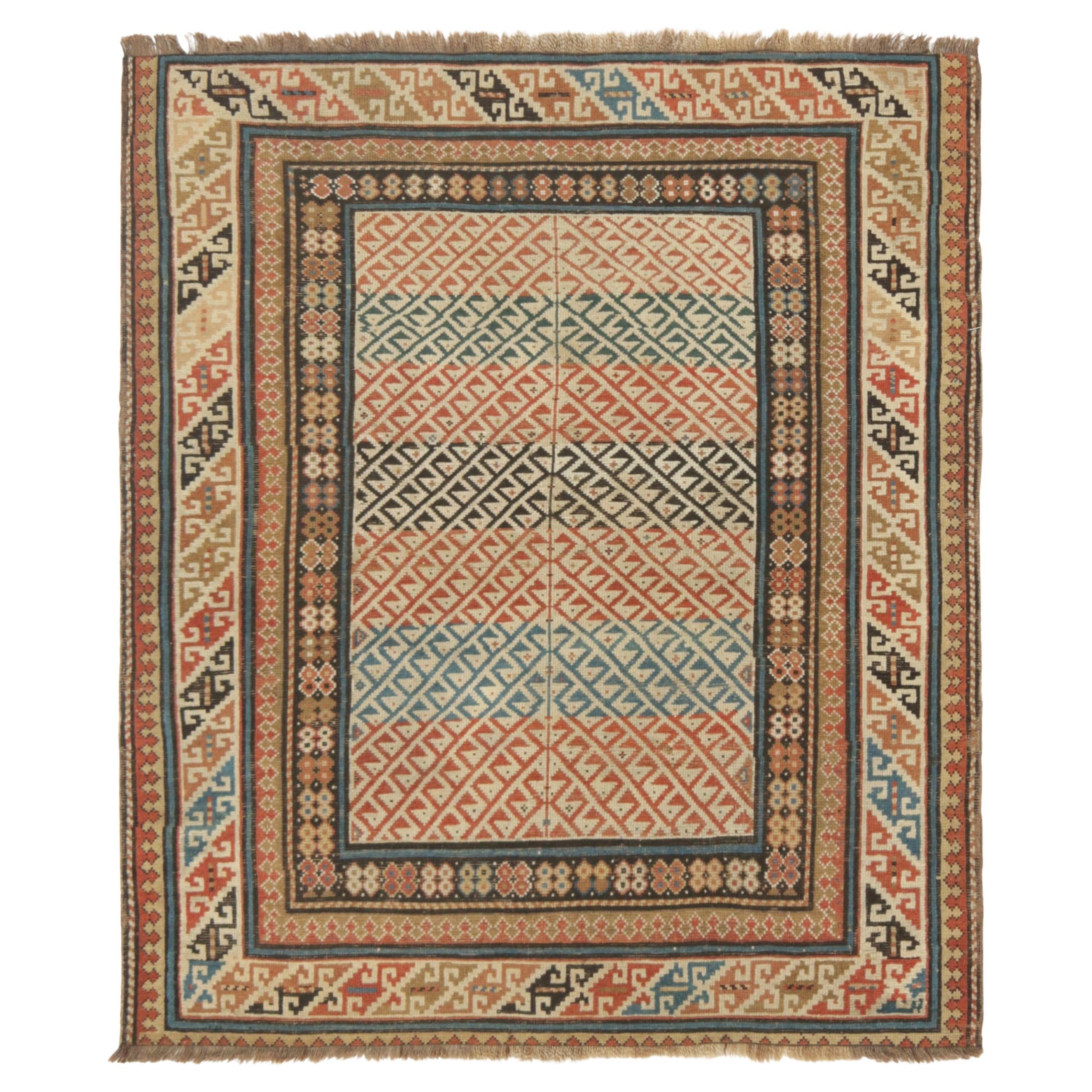 Antique Kuba Rug in Red and Beige-Brown with Geometric Patterns - Rug & Kilim