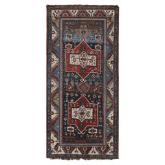 Antique Shirvan Rug in Red and Blue Geometric Pattern Wool Runner by Rug & Kilim