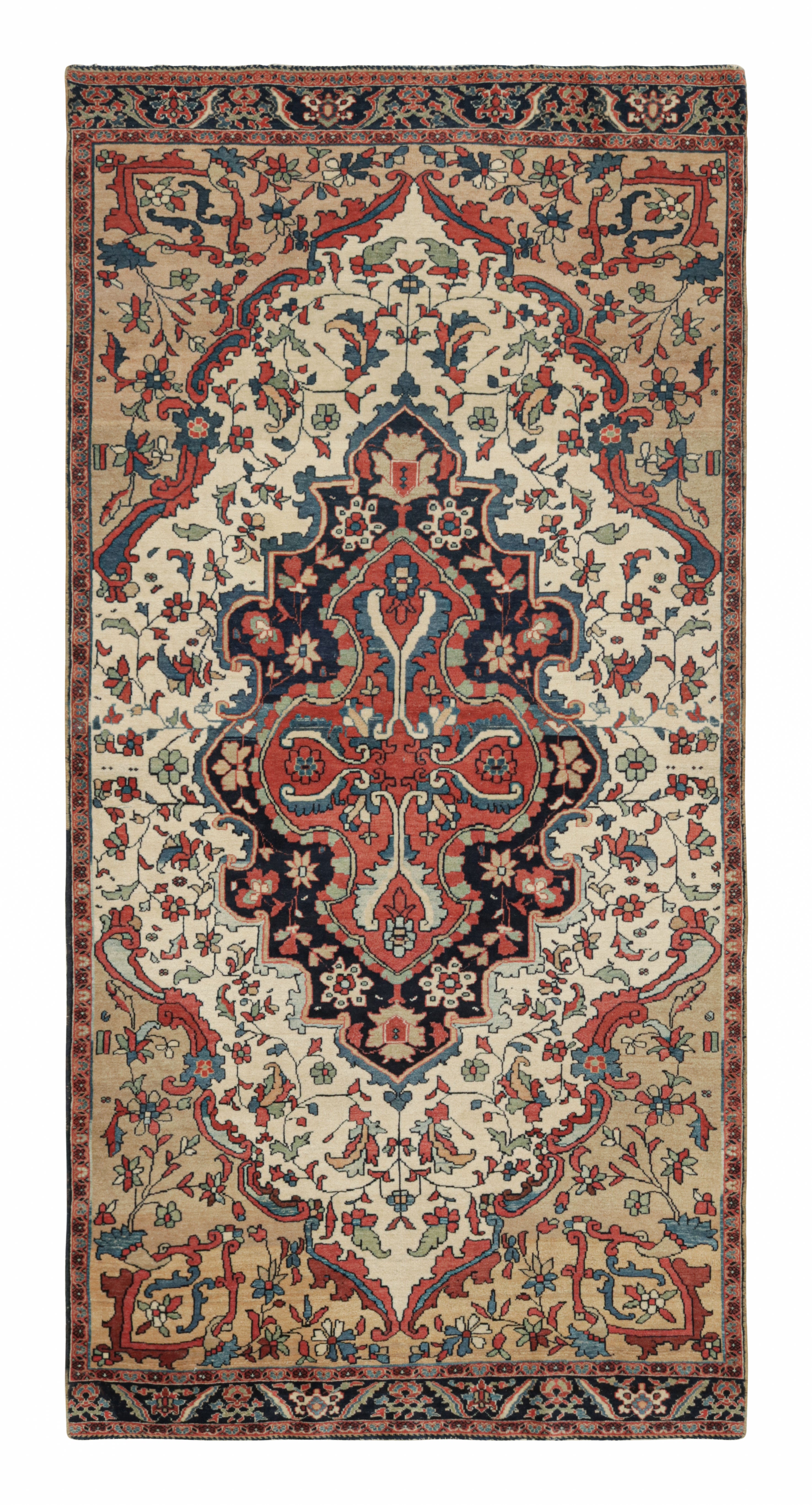 Traves de Mesa Farahan Antiguo Anudado a Mano con Diseño de Medallón Beige de Rug & Kilim