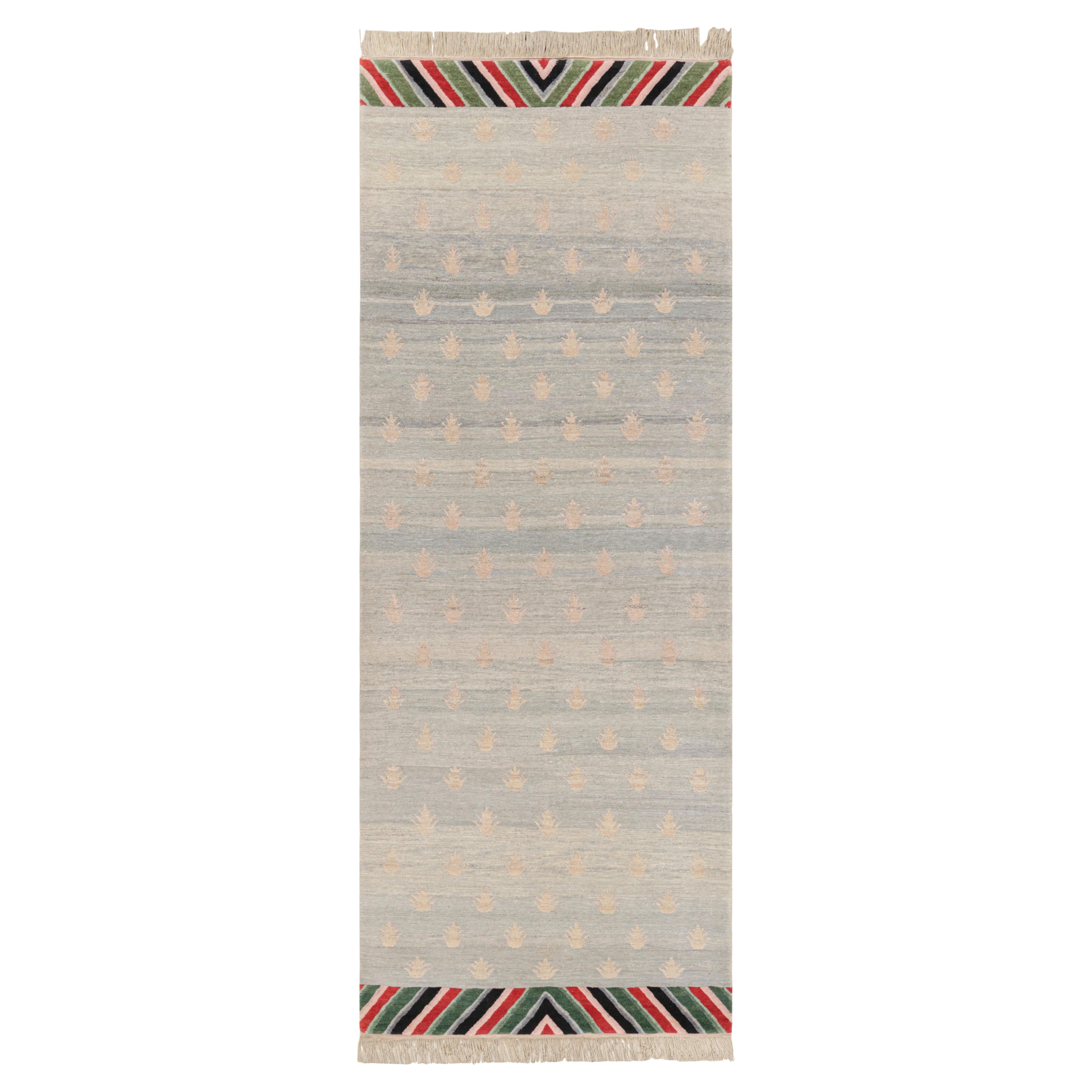 Rug & Kilim's Youngste Geometric Siver-Gray and Green Wool Runner  For Sale