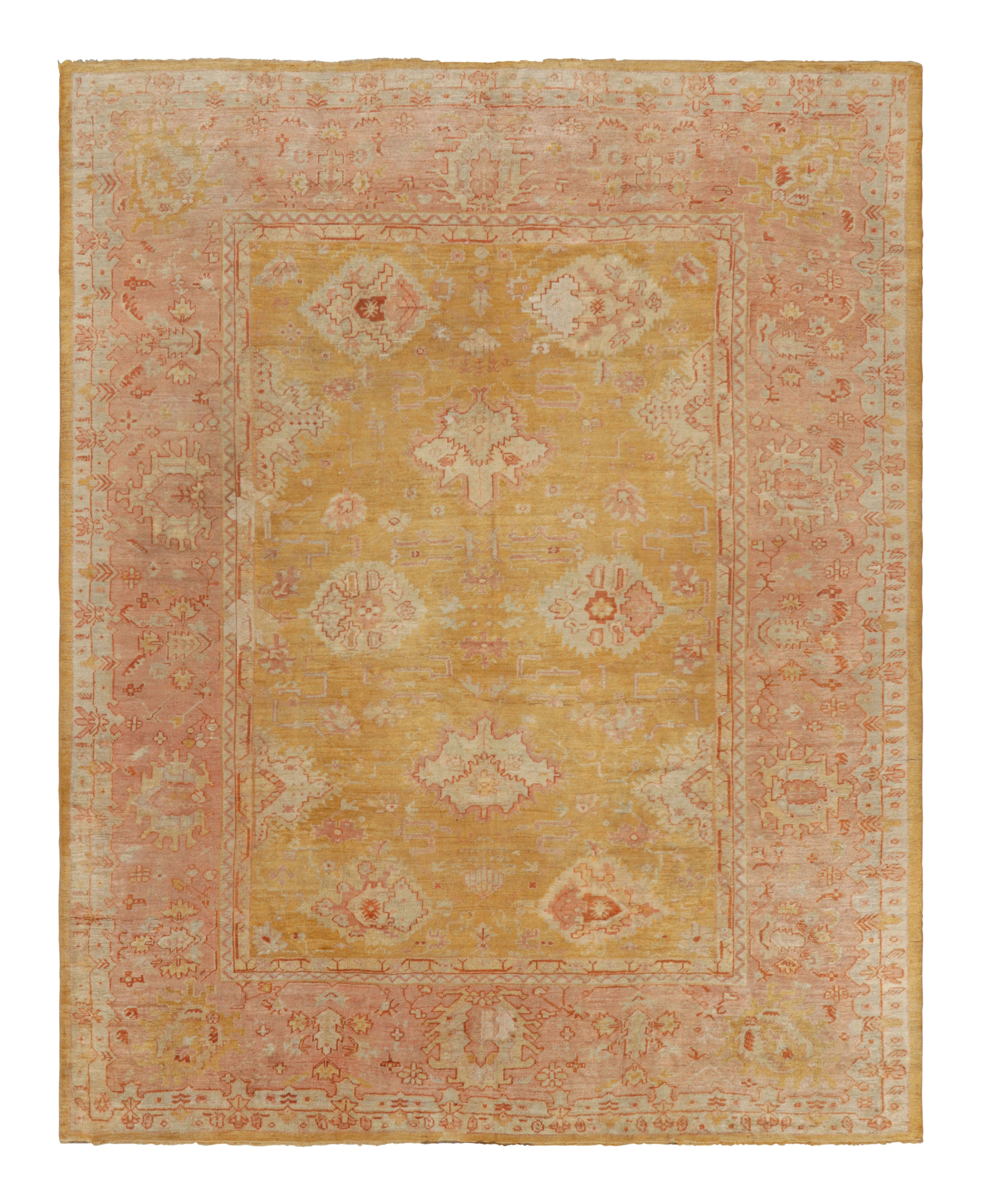 Antique Oushak Rug in Gold & Pink with Floral Patterns - Rug & Kilim