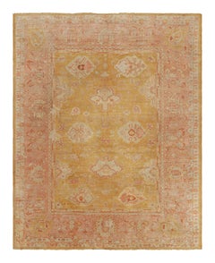 Antique Oushak Rug in Gold & Pink with Floral Patterns - Rug & Kilim