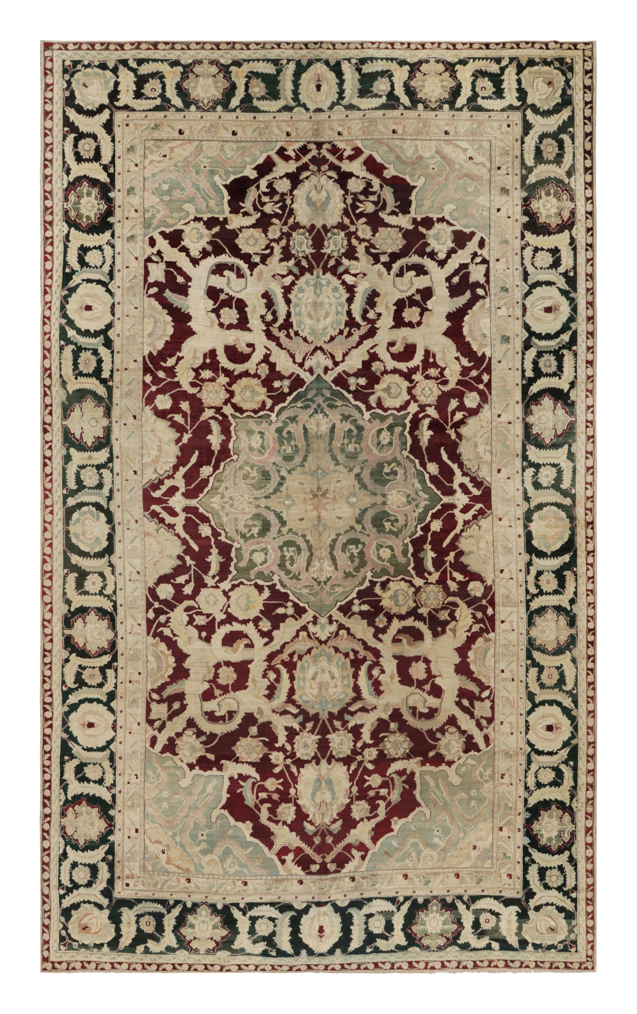 Antique Agra Rug in Burgundy and Cream with Floral Medallion - Rug & Kilim