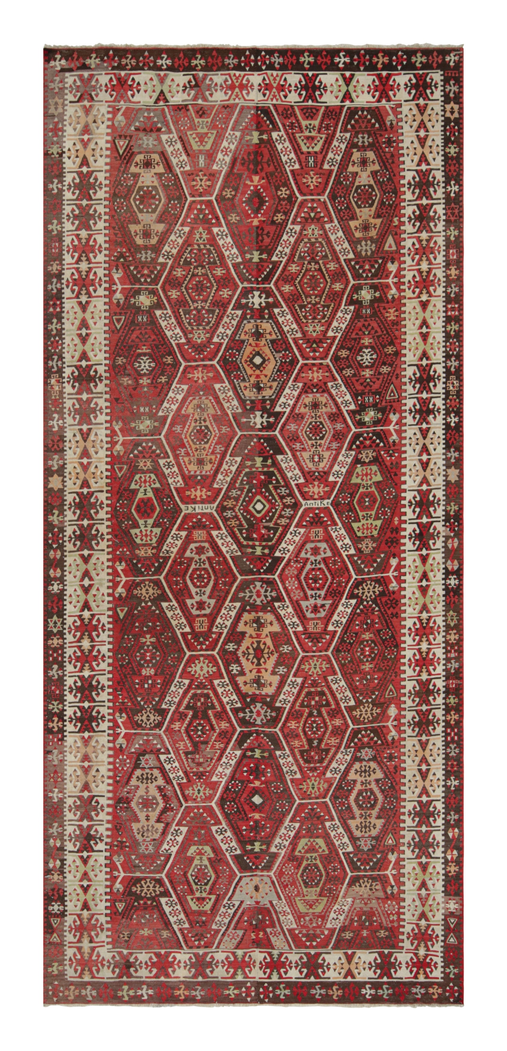 Kayseri Crimson Roter und beigefarbener Woll-Kelim-Teppich