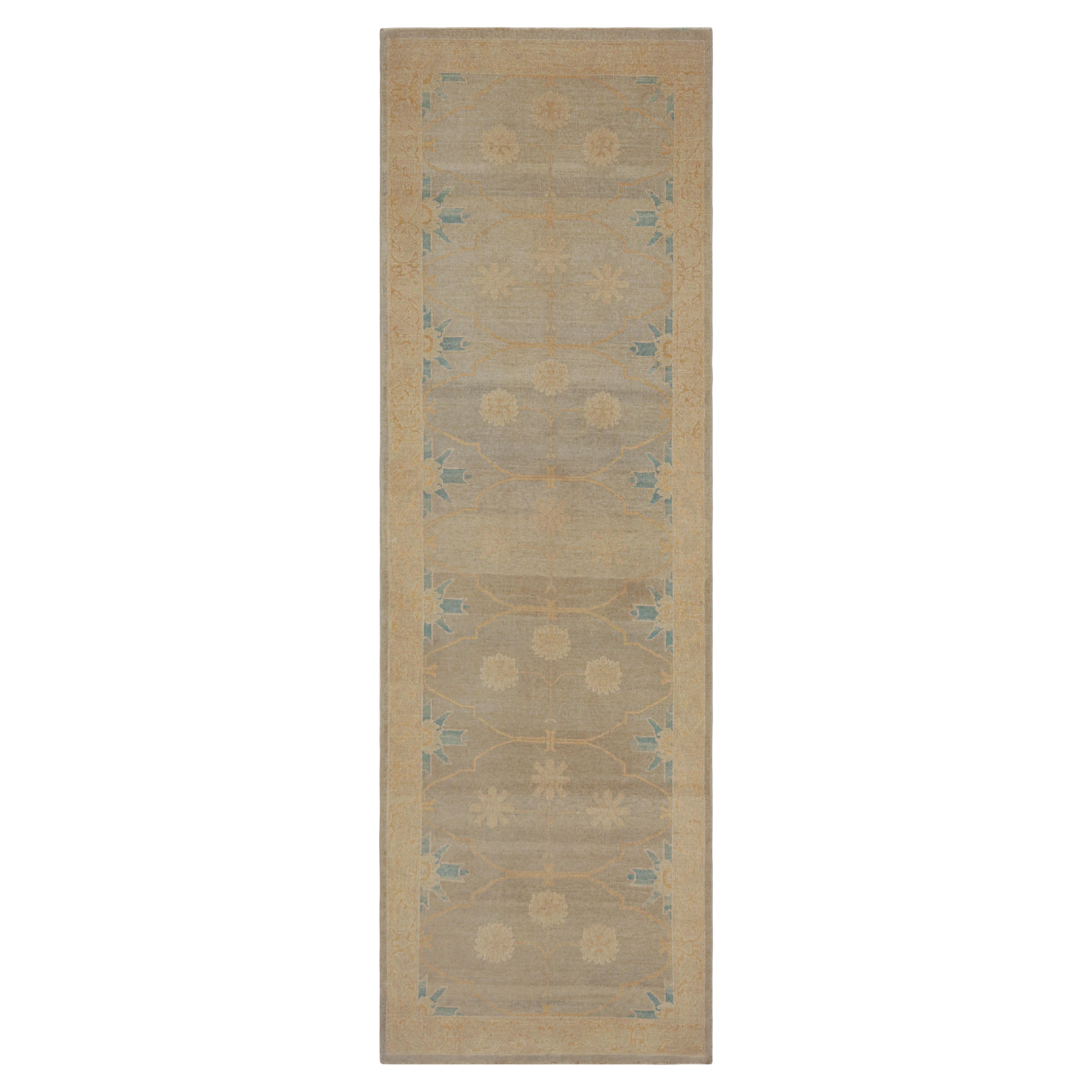 Rug & Kilim’s Khotan Style Runner in Gray Beige and Blue Floral Pattern
