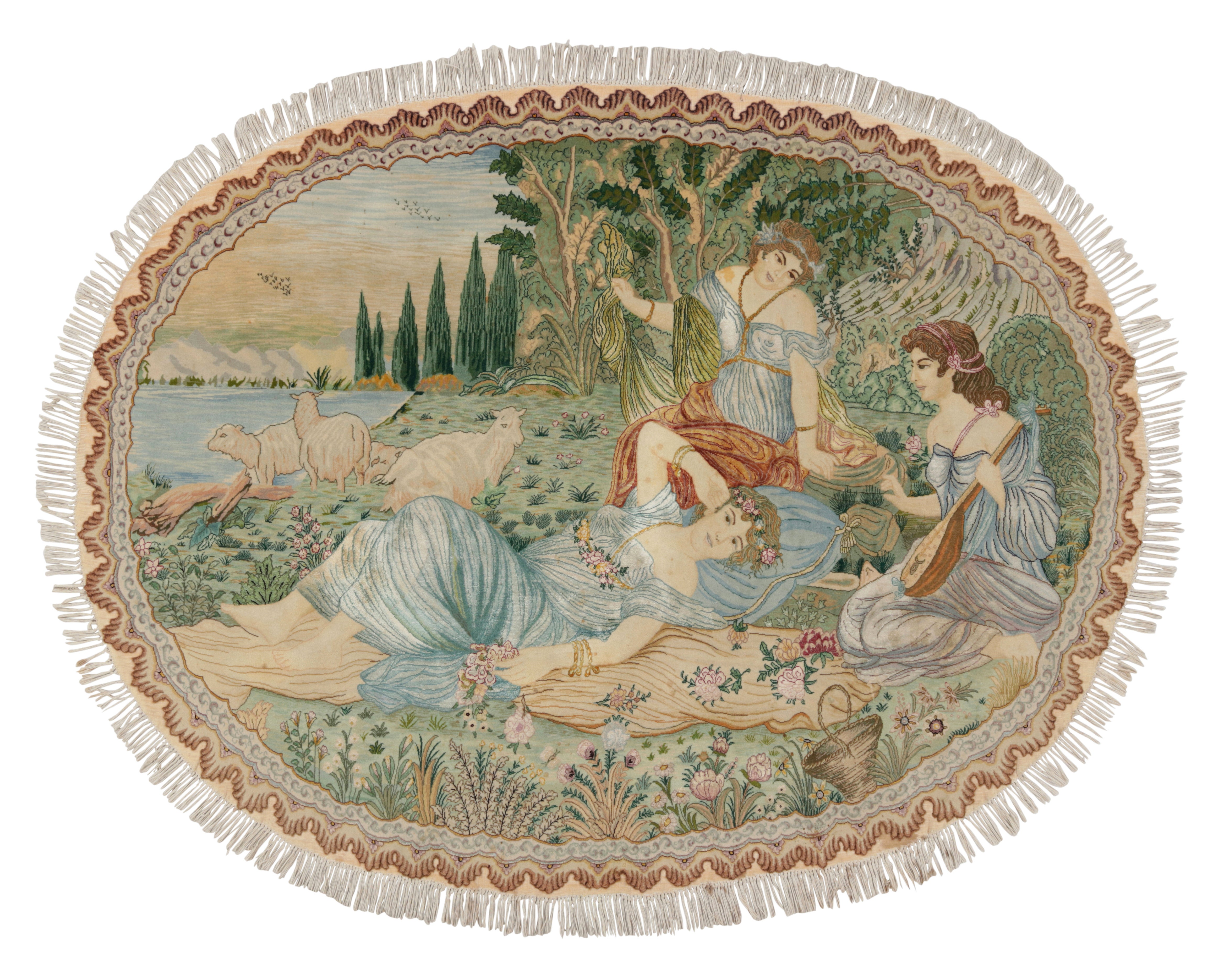 Vintage Persian Tabriz Oval Rug with Human and Landscape Pictorial - Rug & Kilim For Sale