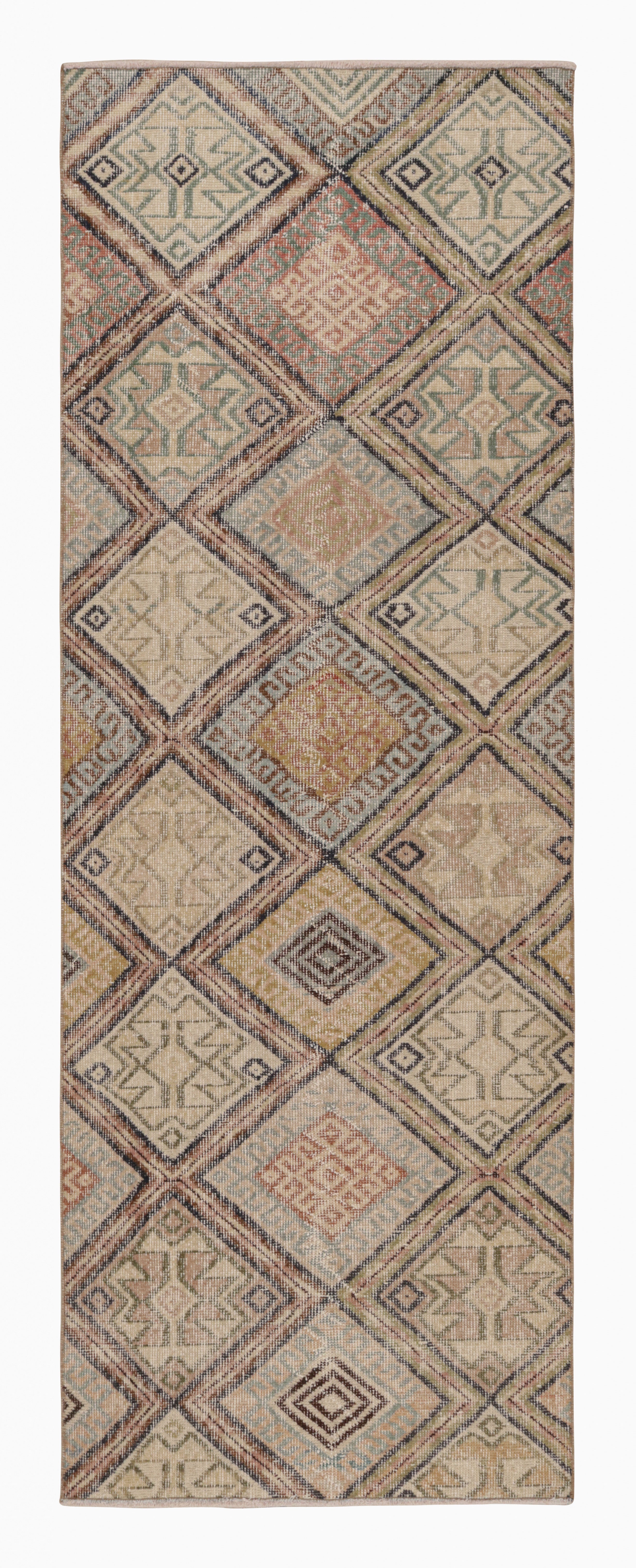 Vintage Midcentury Beige-Brown and Blue Geometric Wool Rug Tribal by Rug & Kilim