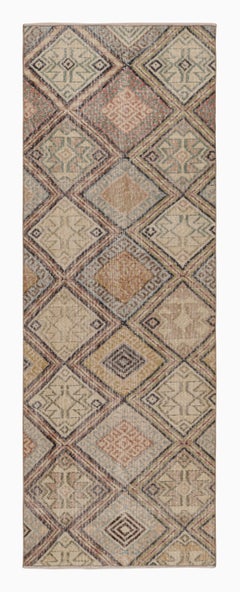 Tappeto vintage in lana geometrica beige-marrone e blu di metà secolo, Tribal by Rug & Kilim