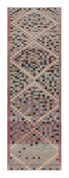 Rosa und blauer Wollteppich mit Diamantmuster von Teppich & Kelim aus der Mitte des Jahrhunderts