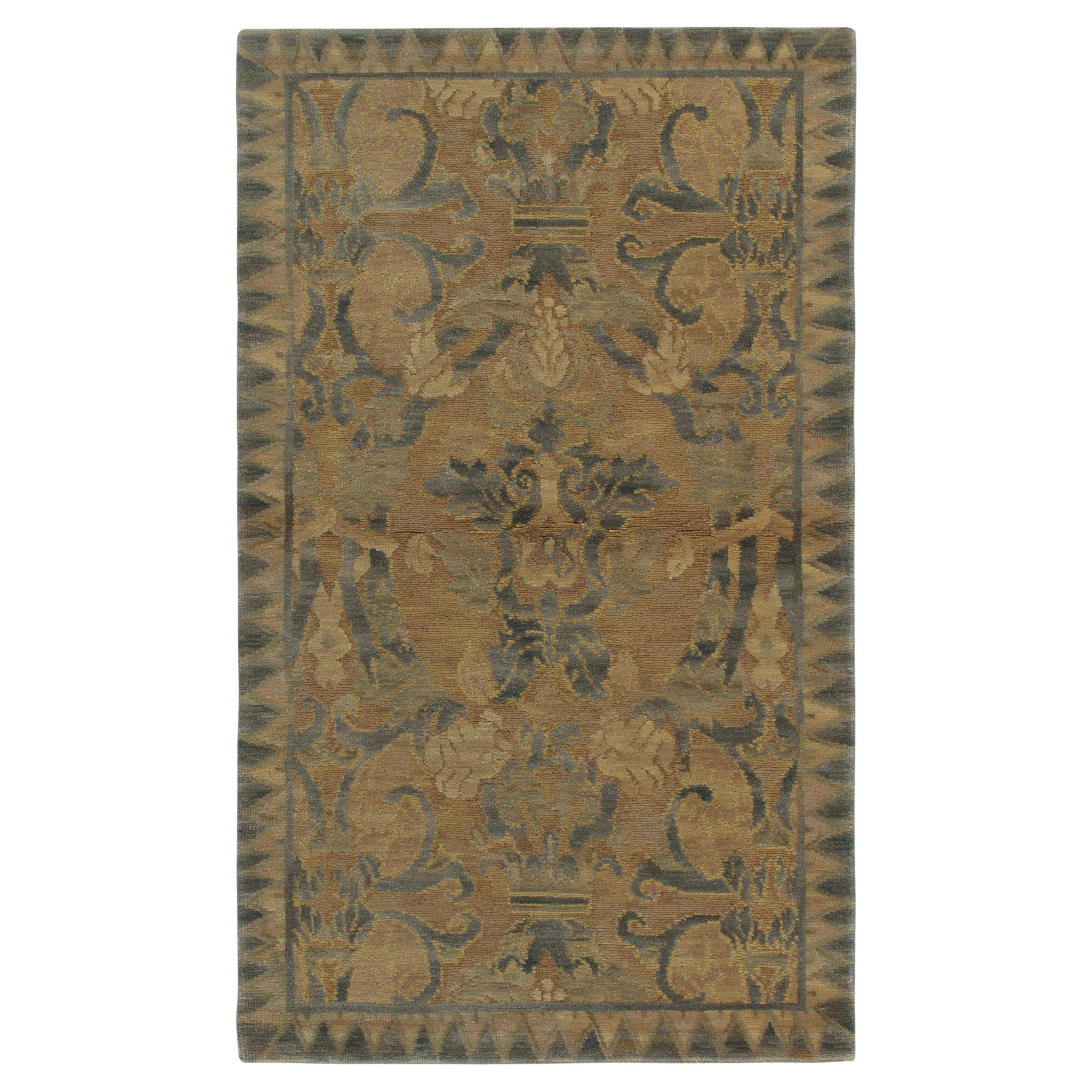 Rug & Kilim’s Arts & Crafts Style Rug in Beige-Brown and Blue Floral Patterns For Sale