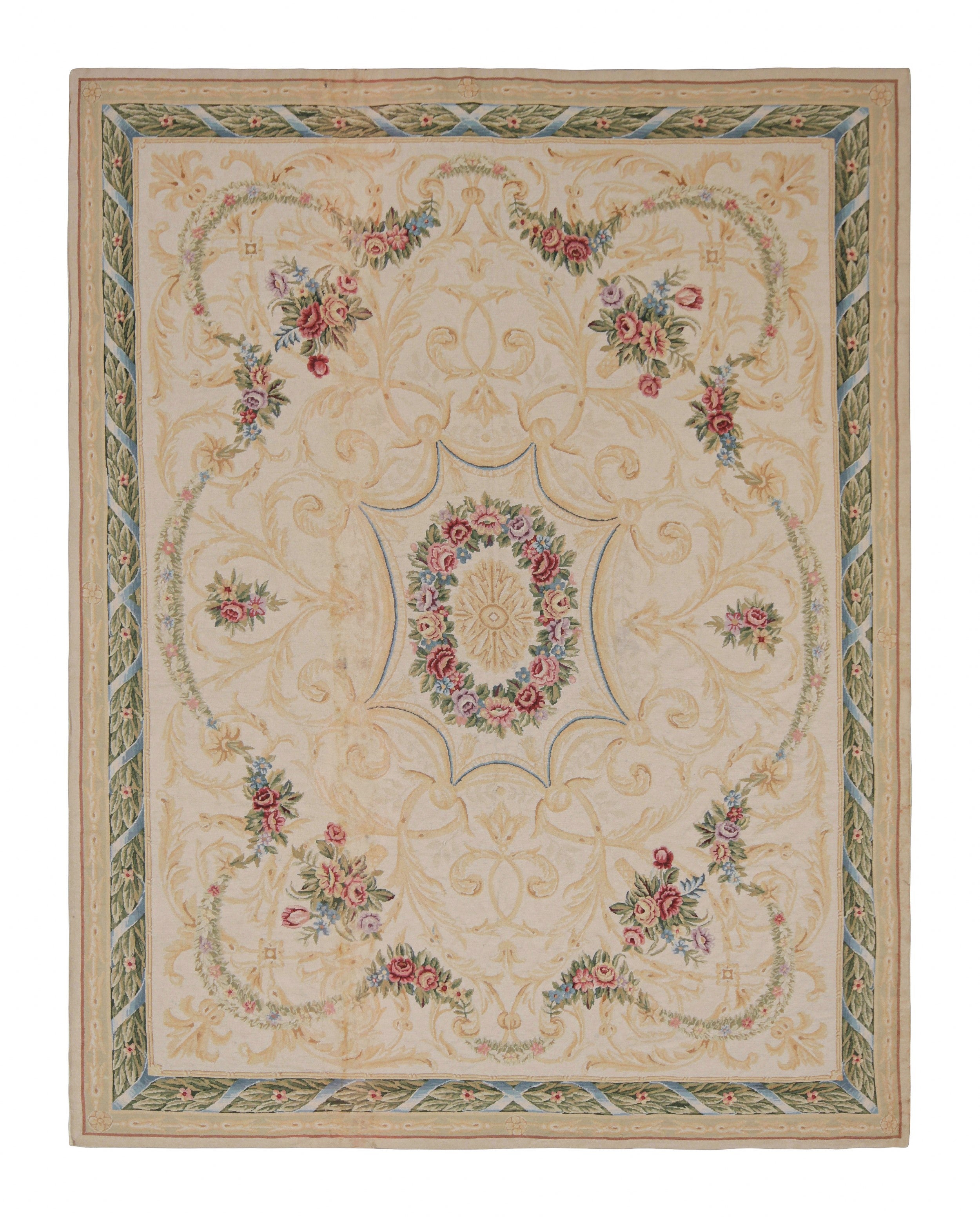 Rug & Kilim’s European Style Needlepoint Rug in Cream with Floral Medallion