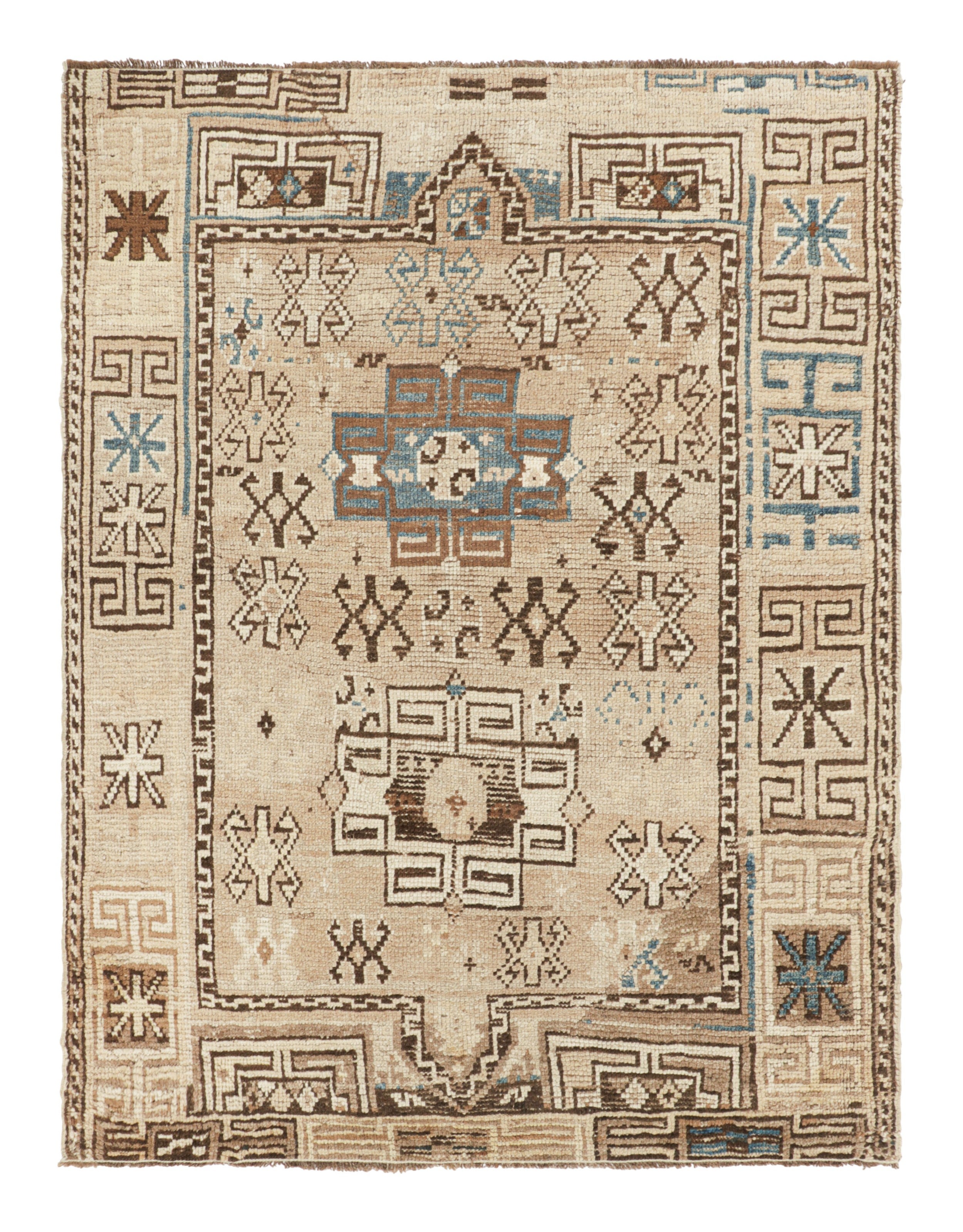 Alfombra antigua Kazak tradicional geométrica de lana beige y azul by Rug & Kilim