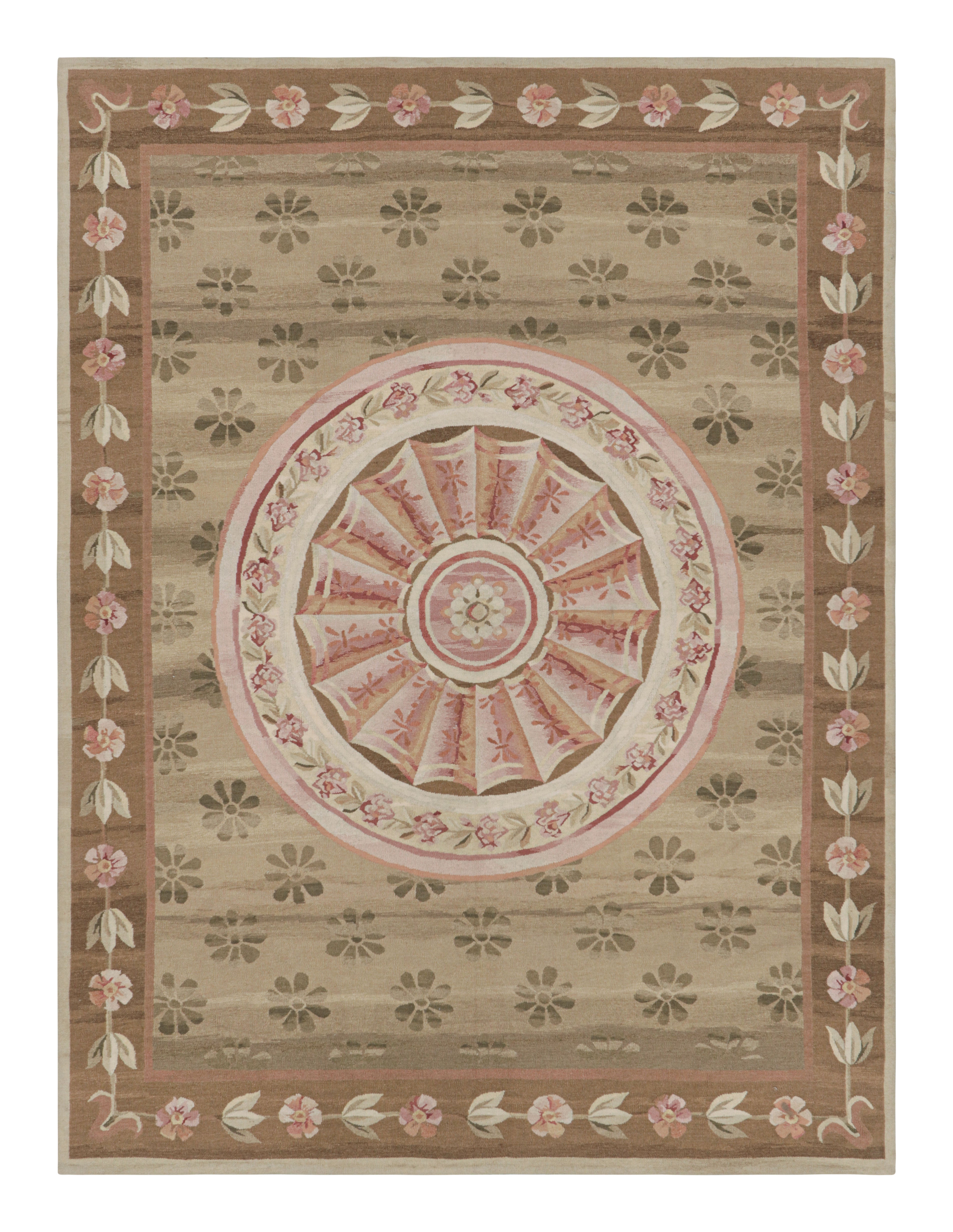 Rug & Kilim’s Aubusson Style Rug in Beige-Brown and Pink with Floral Medallion