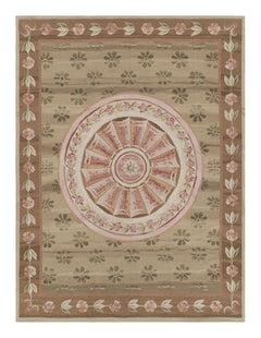 Rug & Kilim’s Aubusson Style Rug in Beige-Brown and Pink with Floral Medallion