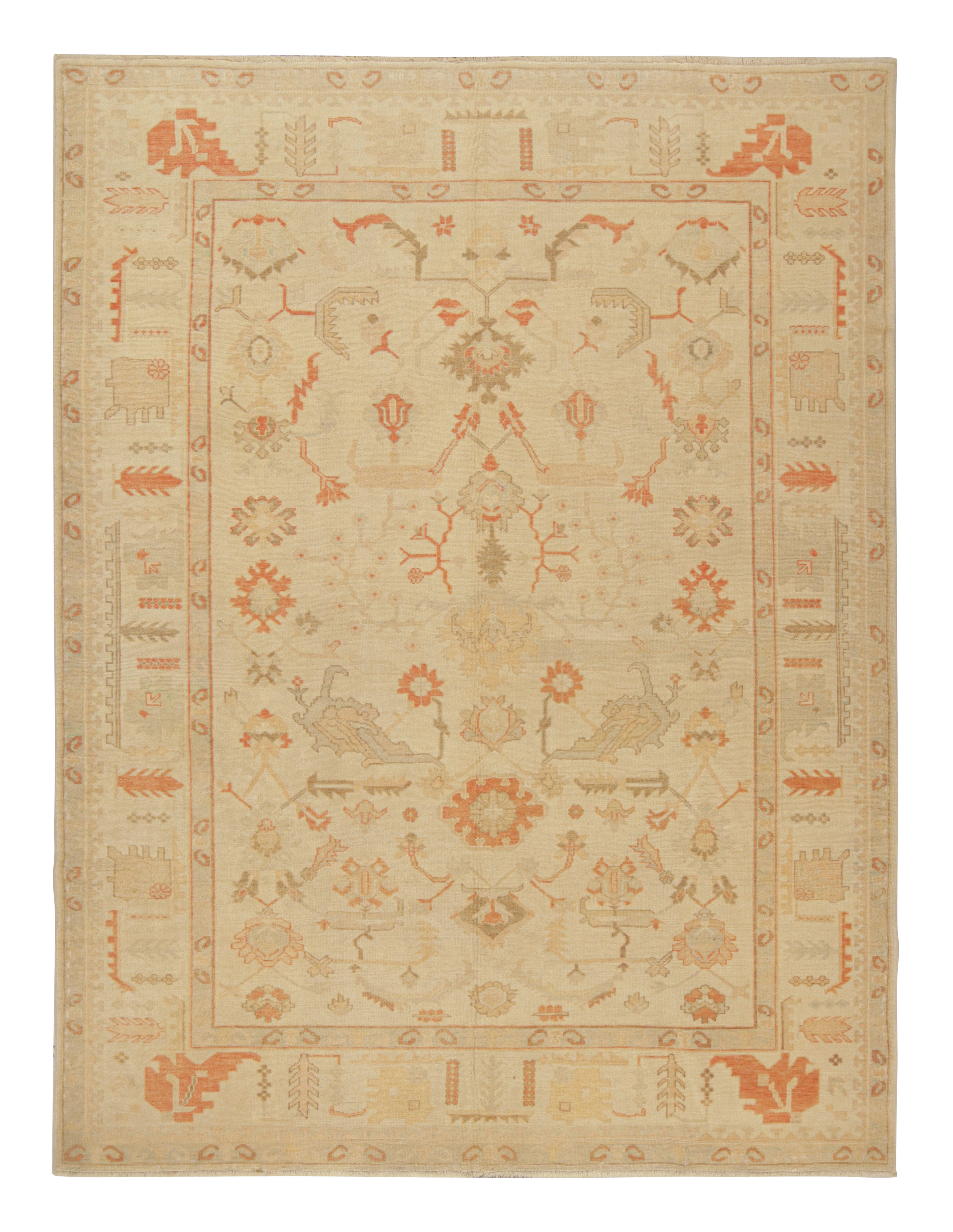 Vintage Turkish Oushak Rug in Beige, Orange, Green Floral Pattern by Rug & Kilim For Sale