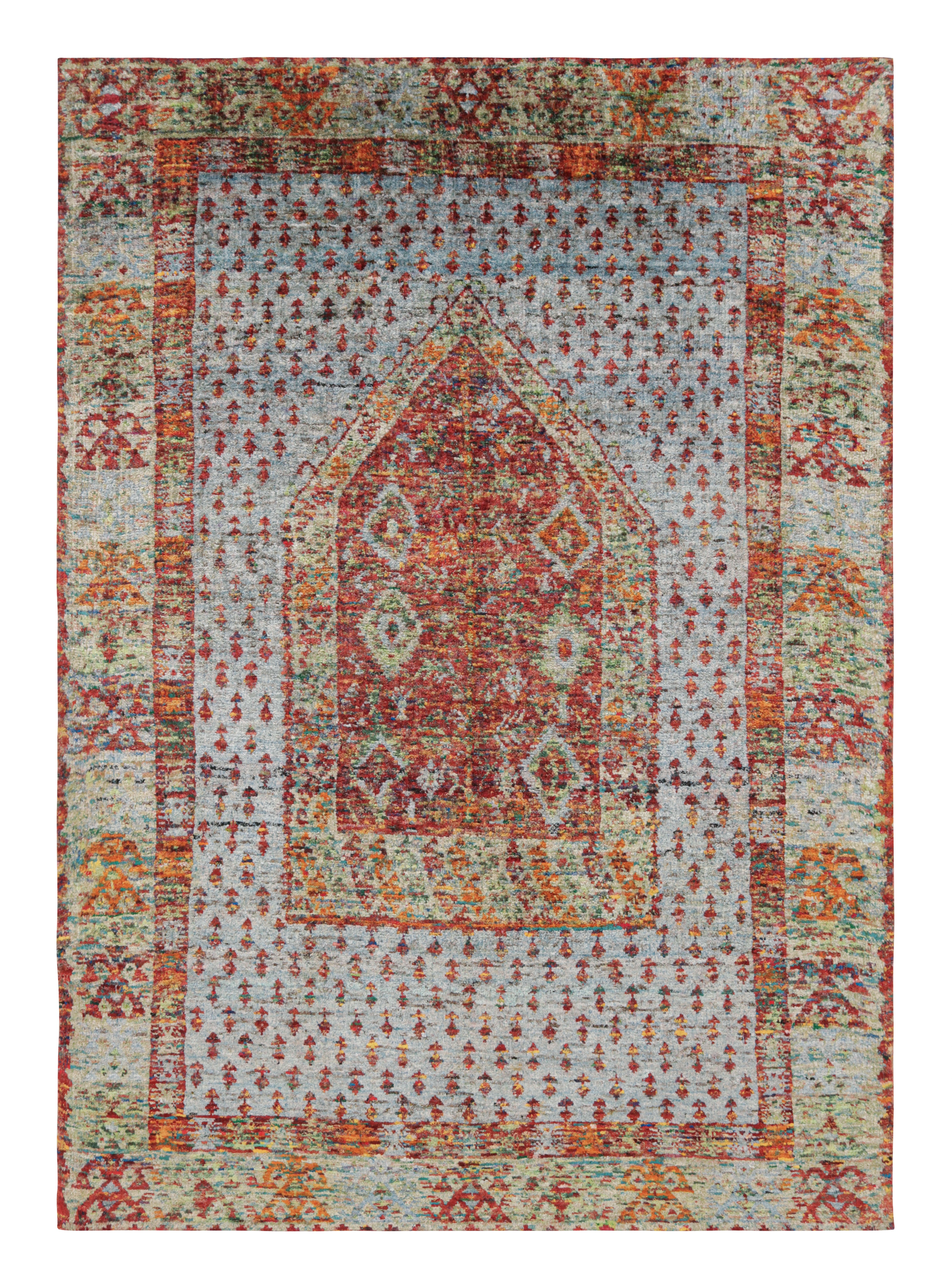 Alfombra de seda pura de estilo anatolio Rug & Kilim Patrón geométrico rojo y azul