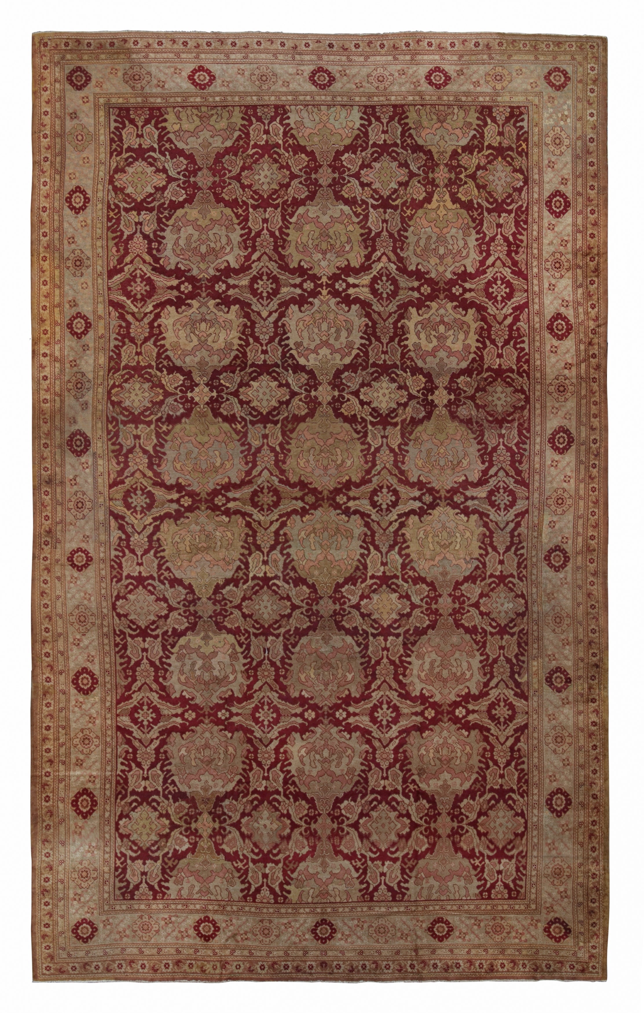 Hand-Knotted Antique Axminster Palace Rug—Red, Beige-Brown, Pink Floral Pattern For Sale