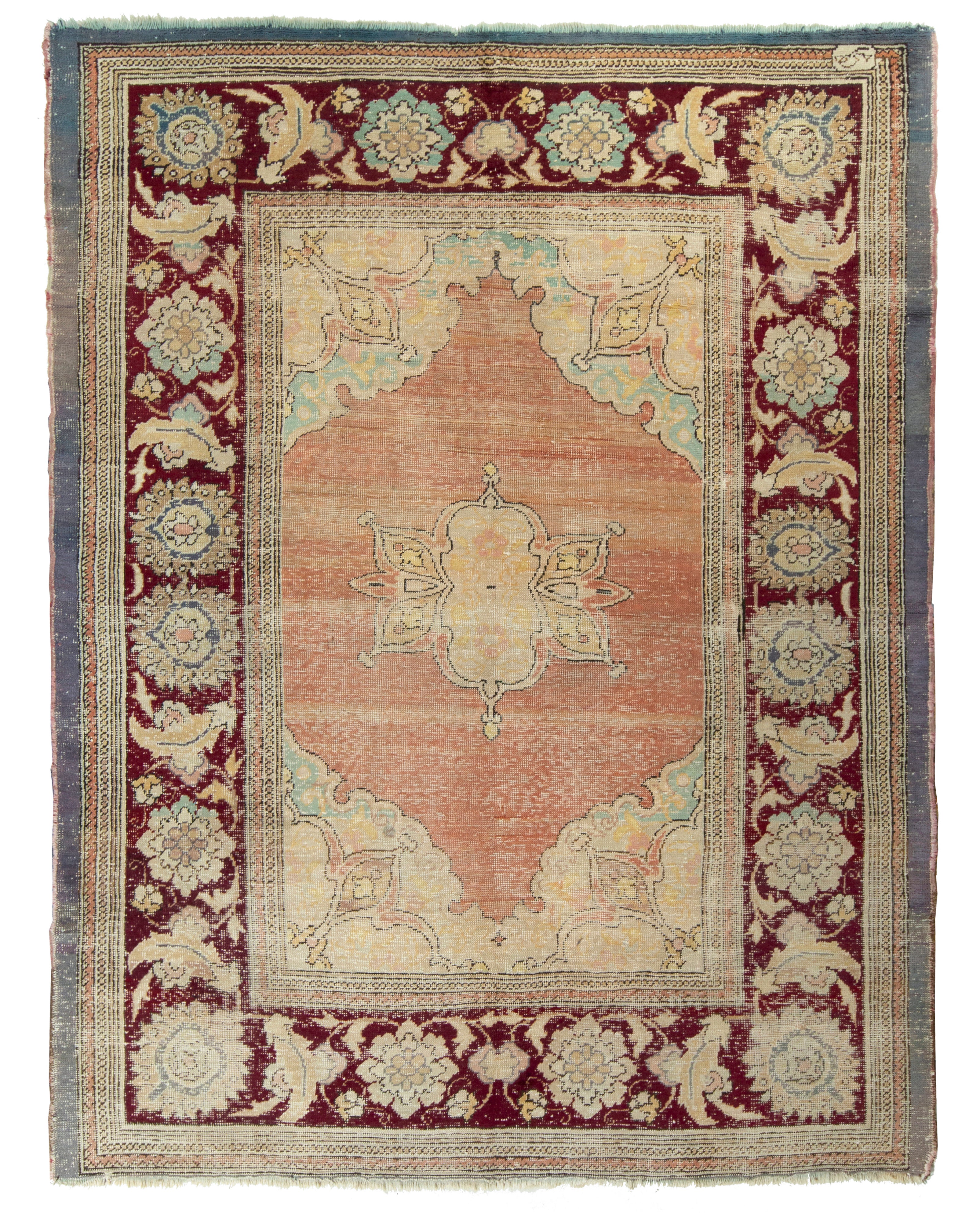 Antique Hereke Rug with Gold Floral Medallion and Red Border, by Rug & Kilim