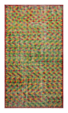 1960s Vintage Art Deco Rug in Green Yellow, Red Geometric Pattern by Rug & Kilim