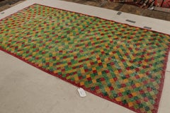 1960s Vintage Art Deco Rug in Green Yellow, Red Geometric Pattern by Rug & Kilim