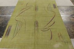 1960s Vintage Art Deco Rug in Distressed Green Geometric pattern by Rug & Kilim