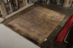 Rug & Kilim's Textural Modern Rug Gold Brown and Blue Abrashed Striped Pattern
