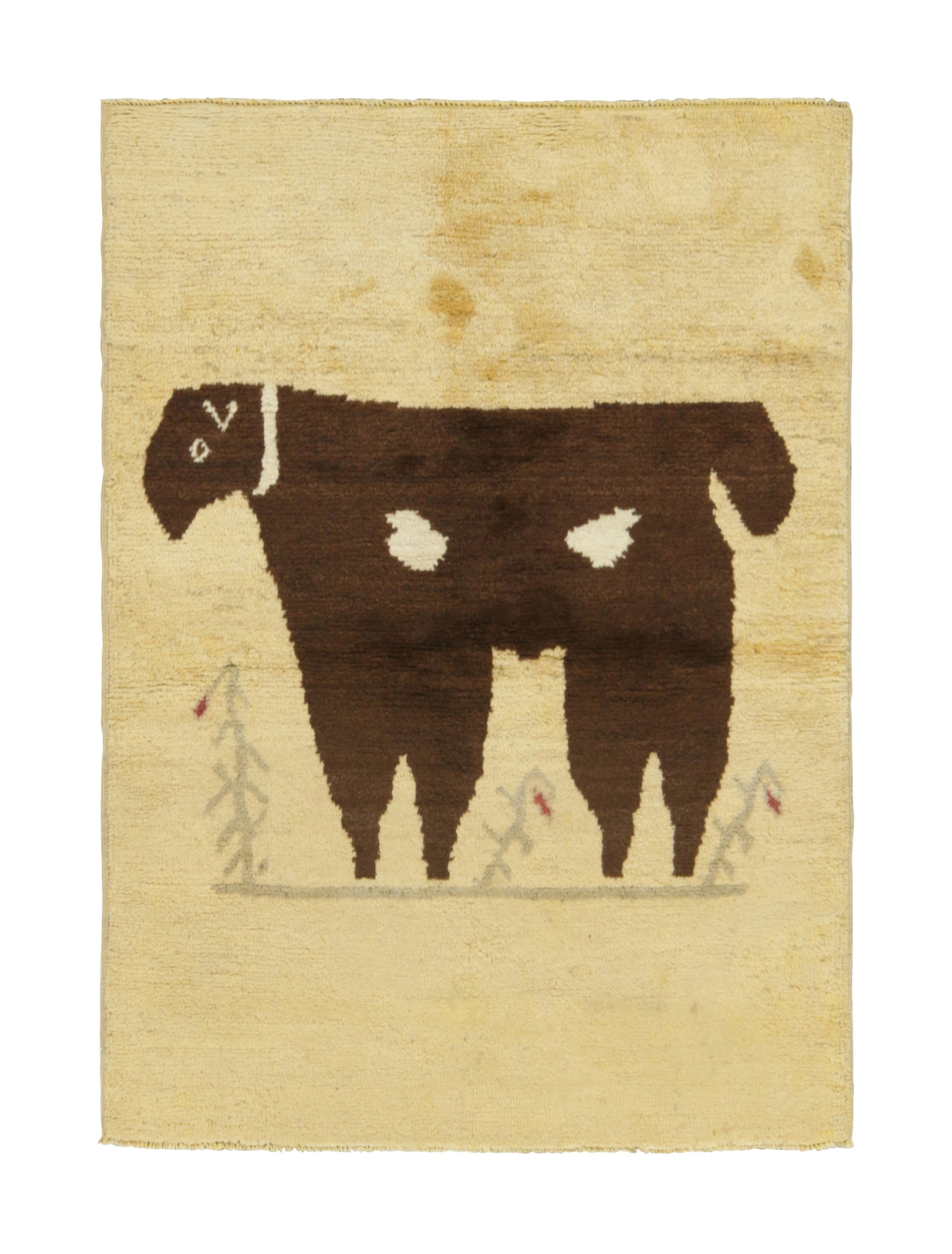 Vintage Turkish Rug in Beige-Cream with Brown Animal Pictorial  - Rug & Kilim For Sale