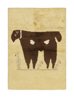 Vintage Turkish Rug in Beige-Cream with Brown Animal Pictorial  - Rug & Kilim