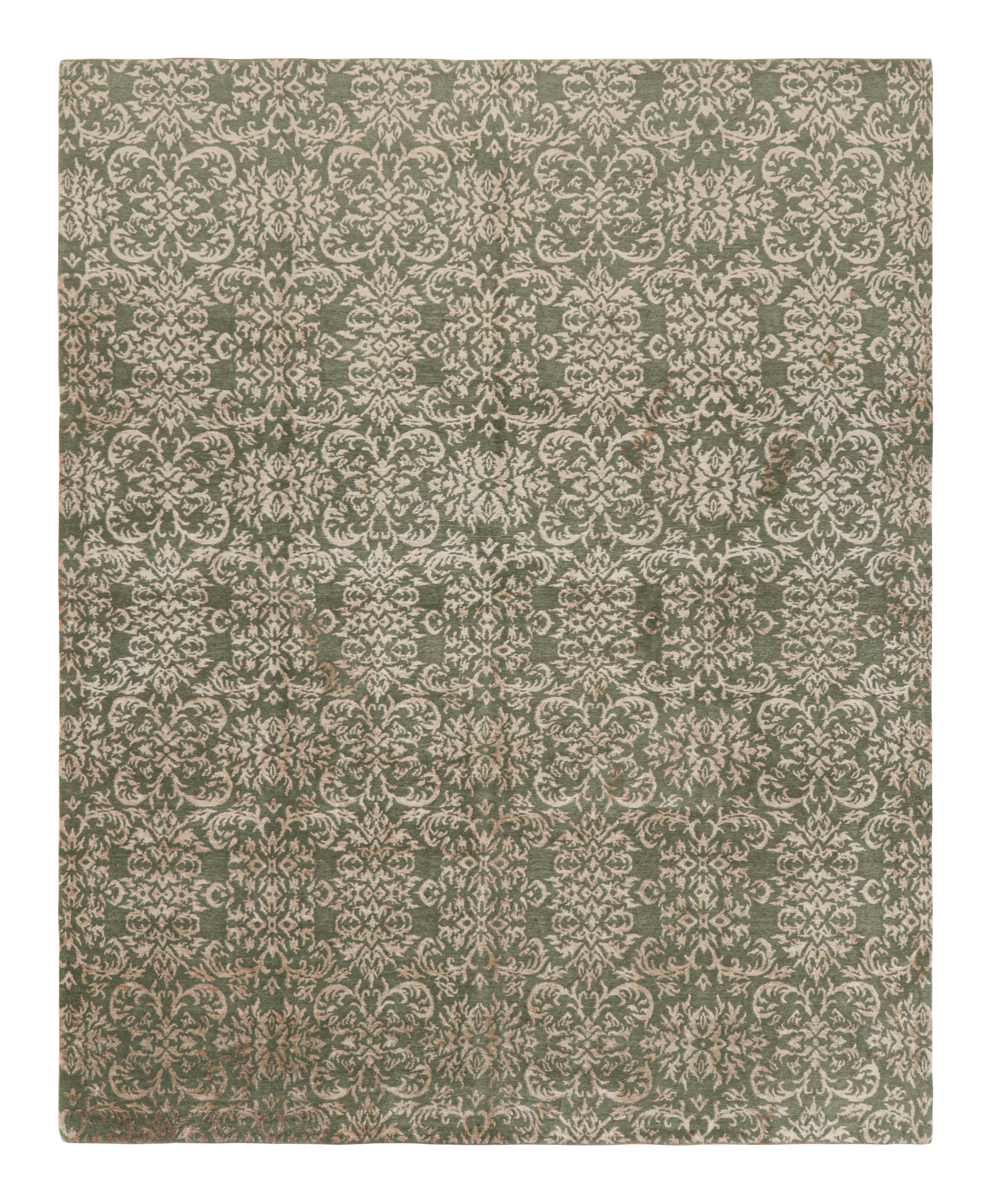 Rug & Kilim's Custom Geometric Floral Green & Beige-Gold Wool and Silk Rug