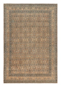 Antiker persischer geblümter Teppich aus Wolle von Kerman in Beige, Braun und Blau