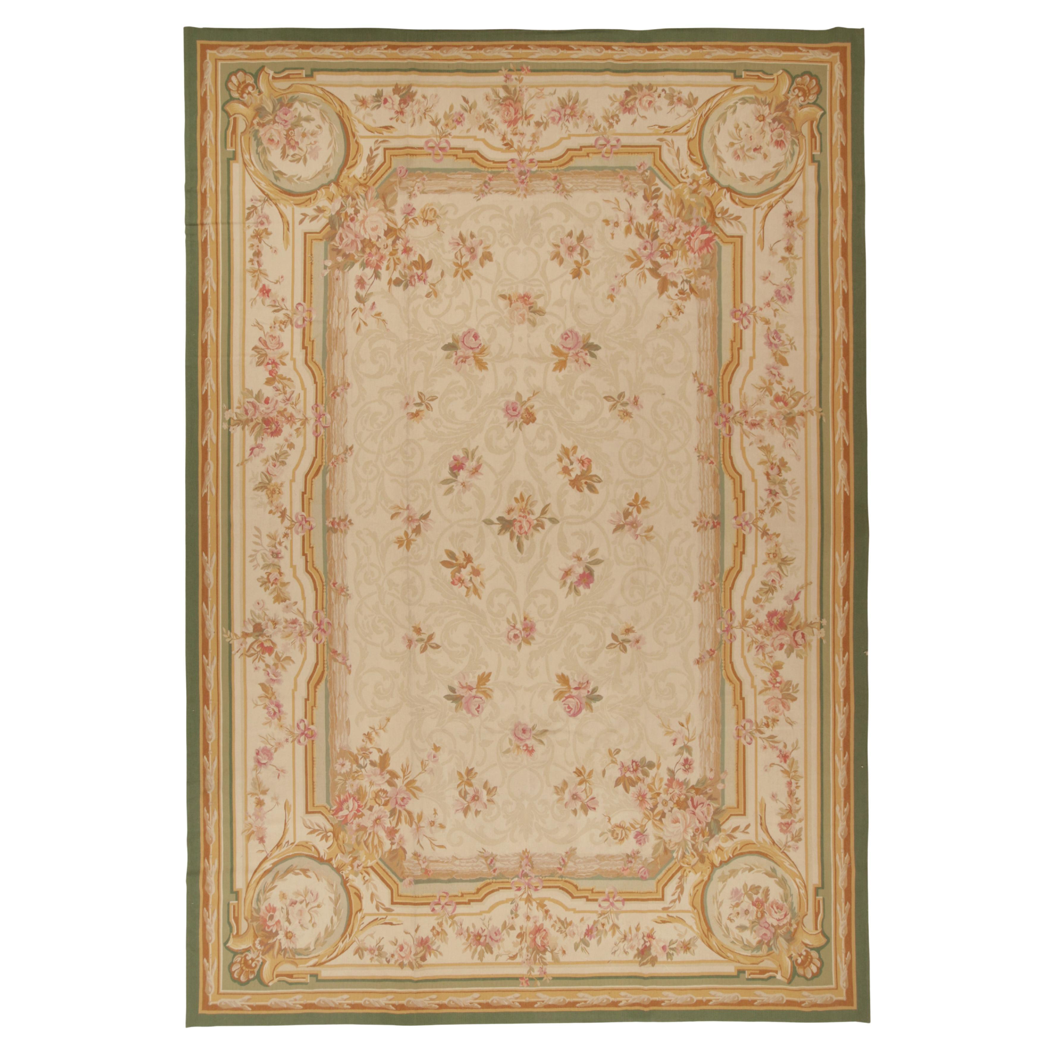 Rug and Kilim’s Aubusson Style Flat Weave in Beige-Brown, White Floral ...