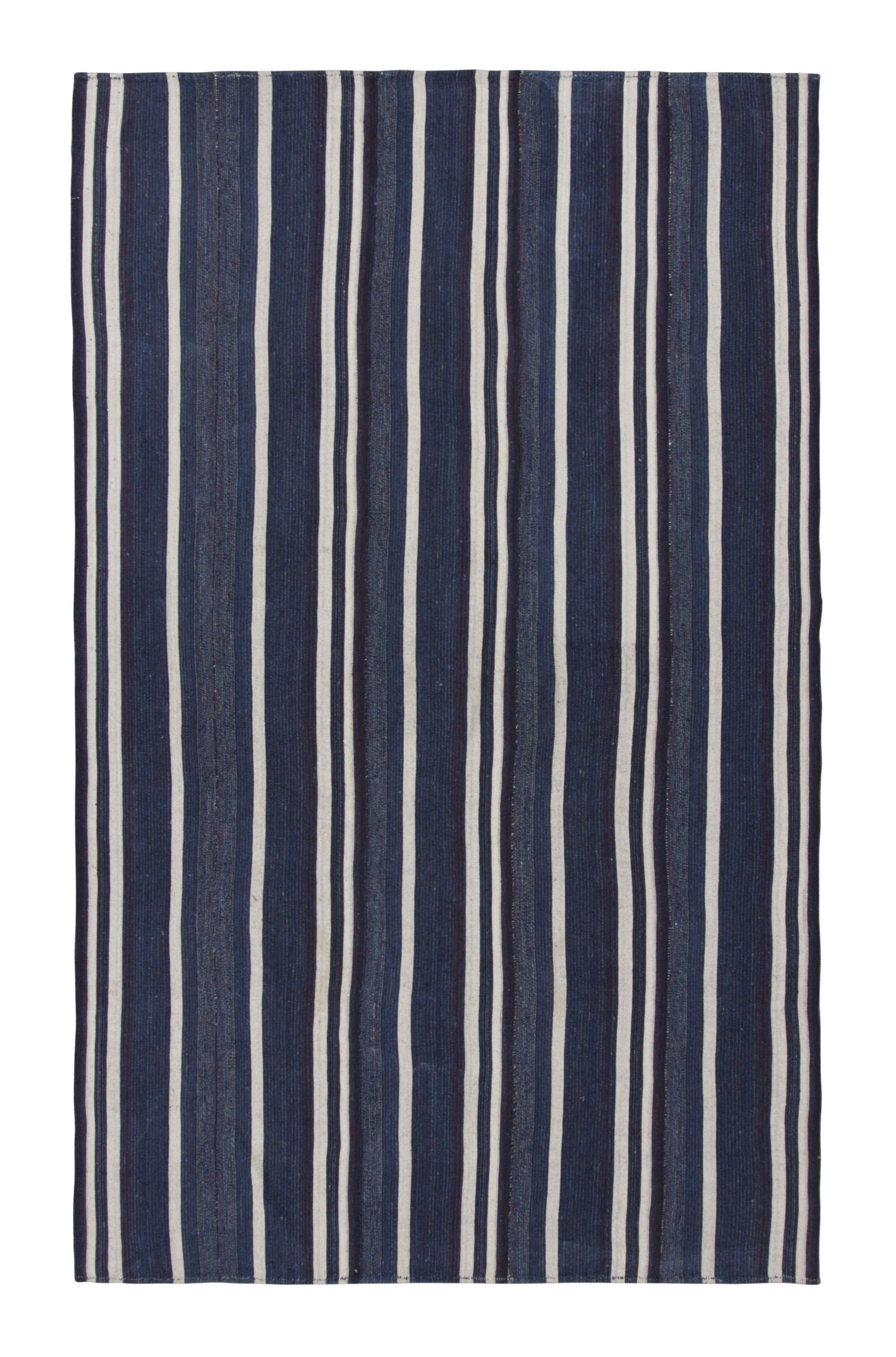 Vintage Turkish Kilim Rug in Navy Blue, Black & White Stripes - Rug & Kilim