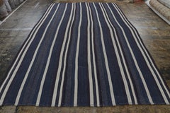 Vintage Turkish Kilim Rug in Navy Blue, Black & White Stripes - Rug & Kilim