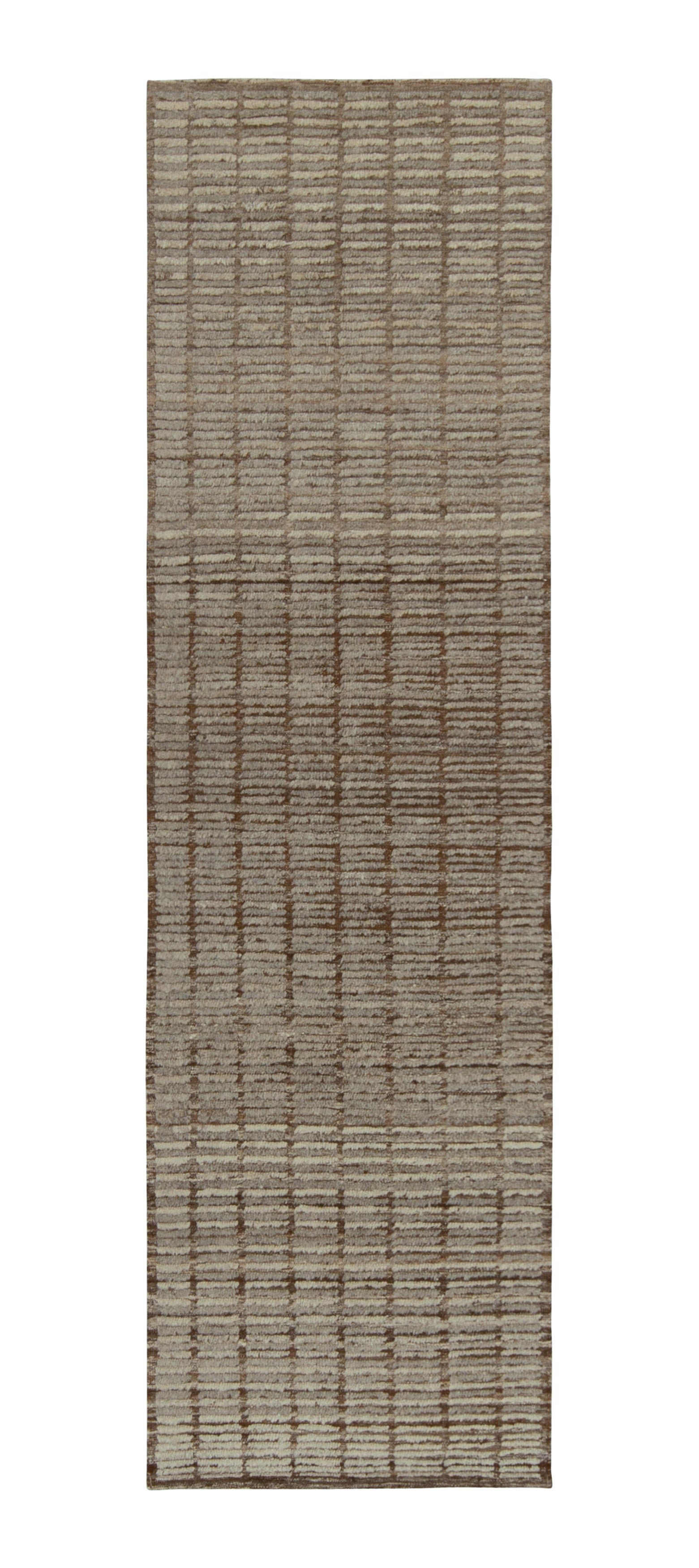 Rug & Kilim's Moroccan Style Runner in Brown & Gray High-Low Striations For Sale
