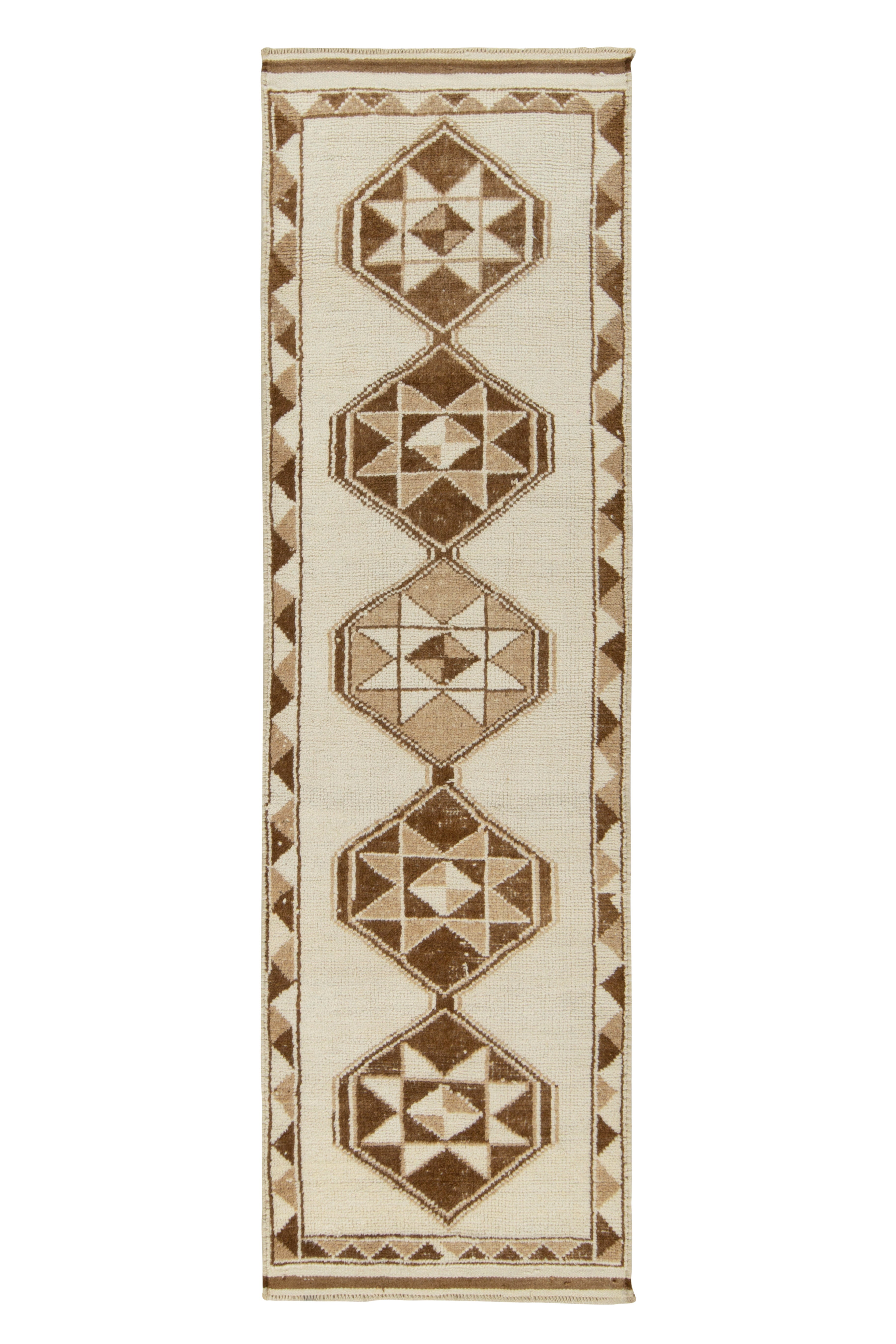 Vintage Tribal Runner in White & Beige-Brown Geometric Pattern, by Rug & Kilim
