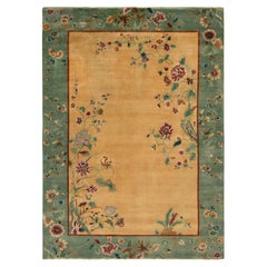 Rug & Kilim’s Chinese Art Deco Style Rug in Green and Beige-Gold Floral Pattern