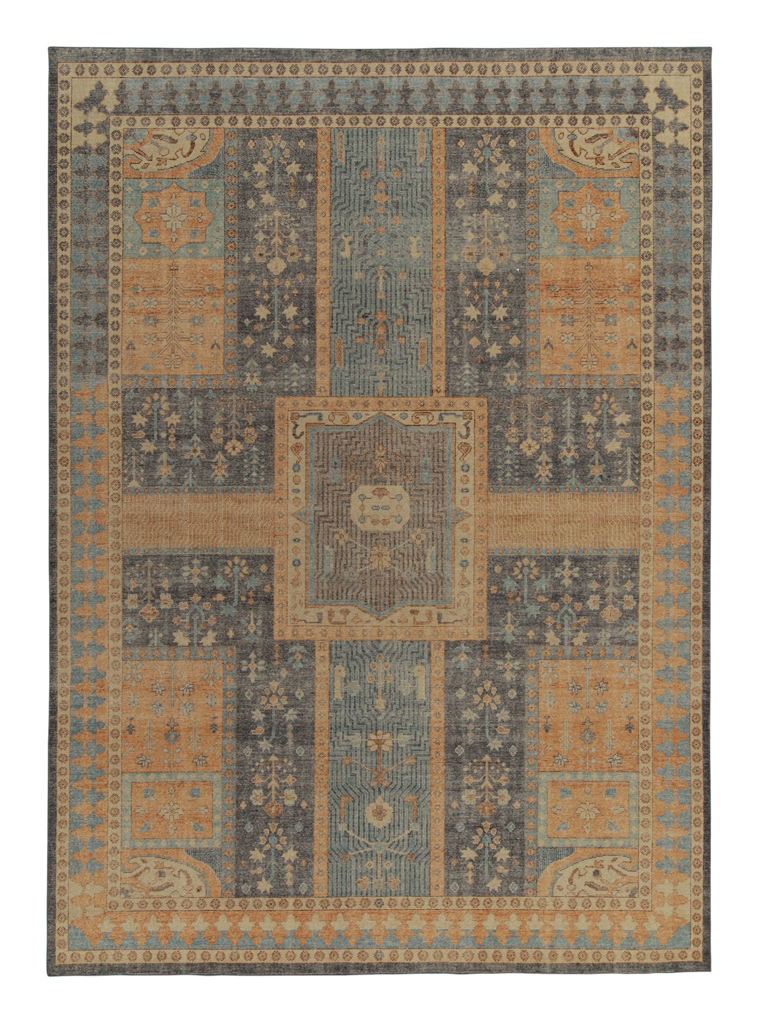 Tapis &amp;amp;amp;amp; Kilims Tapis persan vieilli de style en mauvais état à motif de jardin bleu et orange