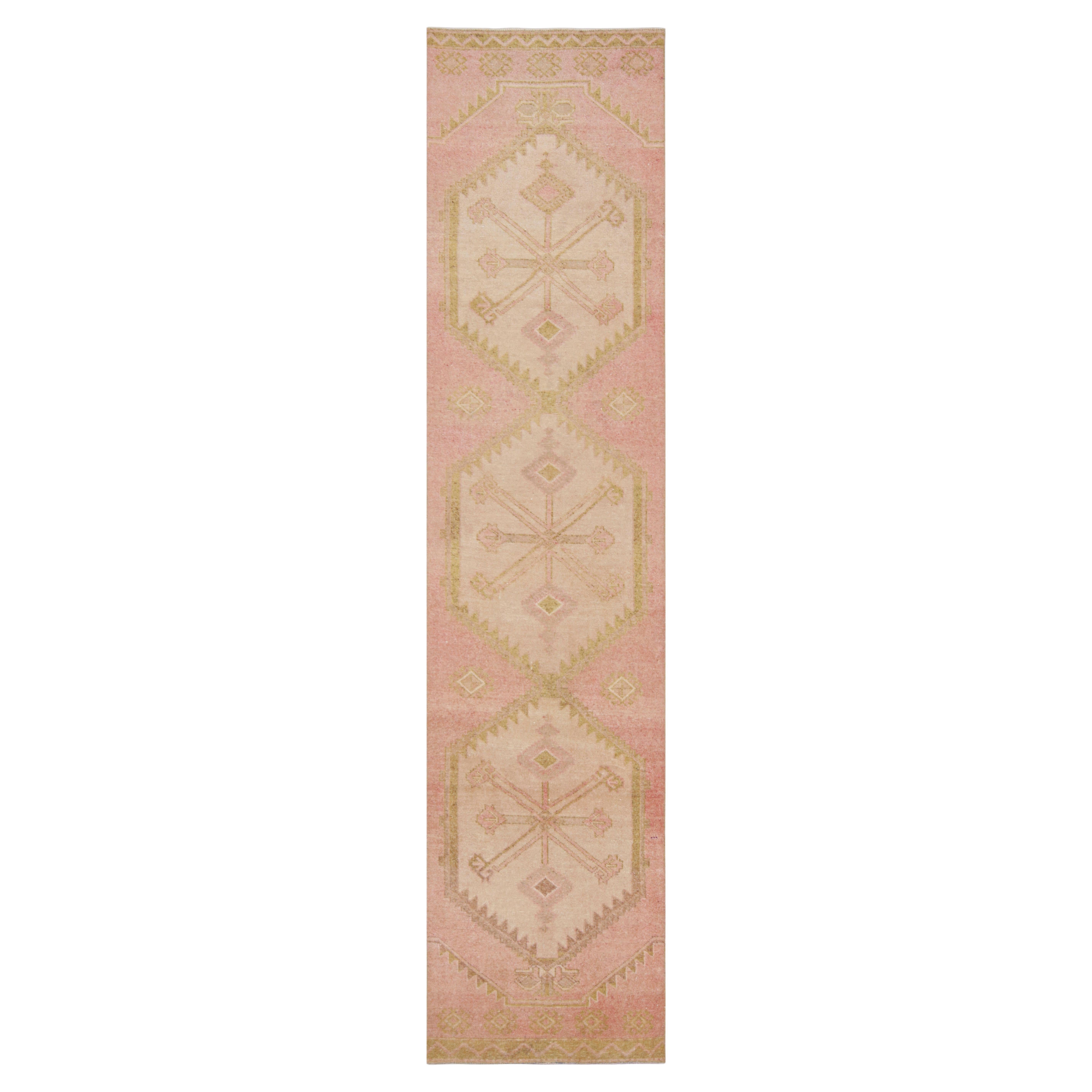 Vintage 1950s Mid-Century Kilim Pink Runner Beige Geometric by Rug & Kilim