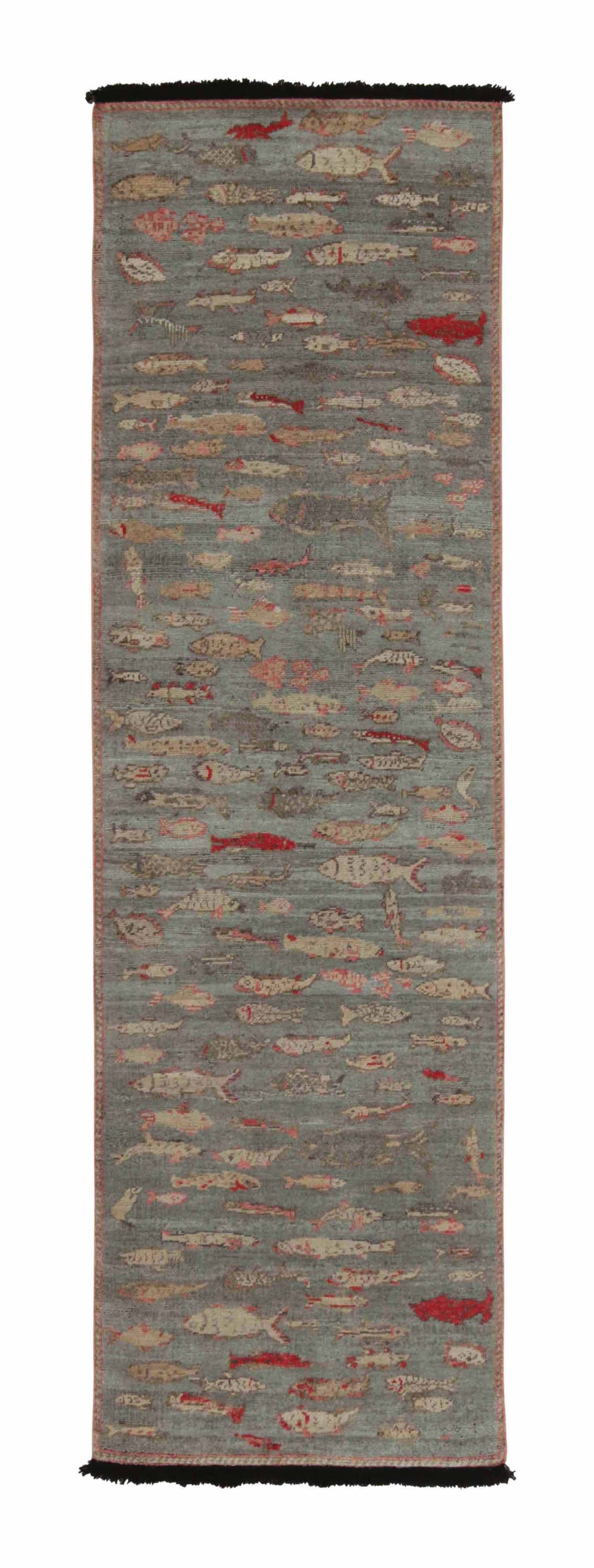 Rug & Kilim’s Pictorial Style runner in Blue, Beige and Red Fish Patterns For Sale