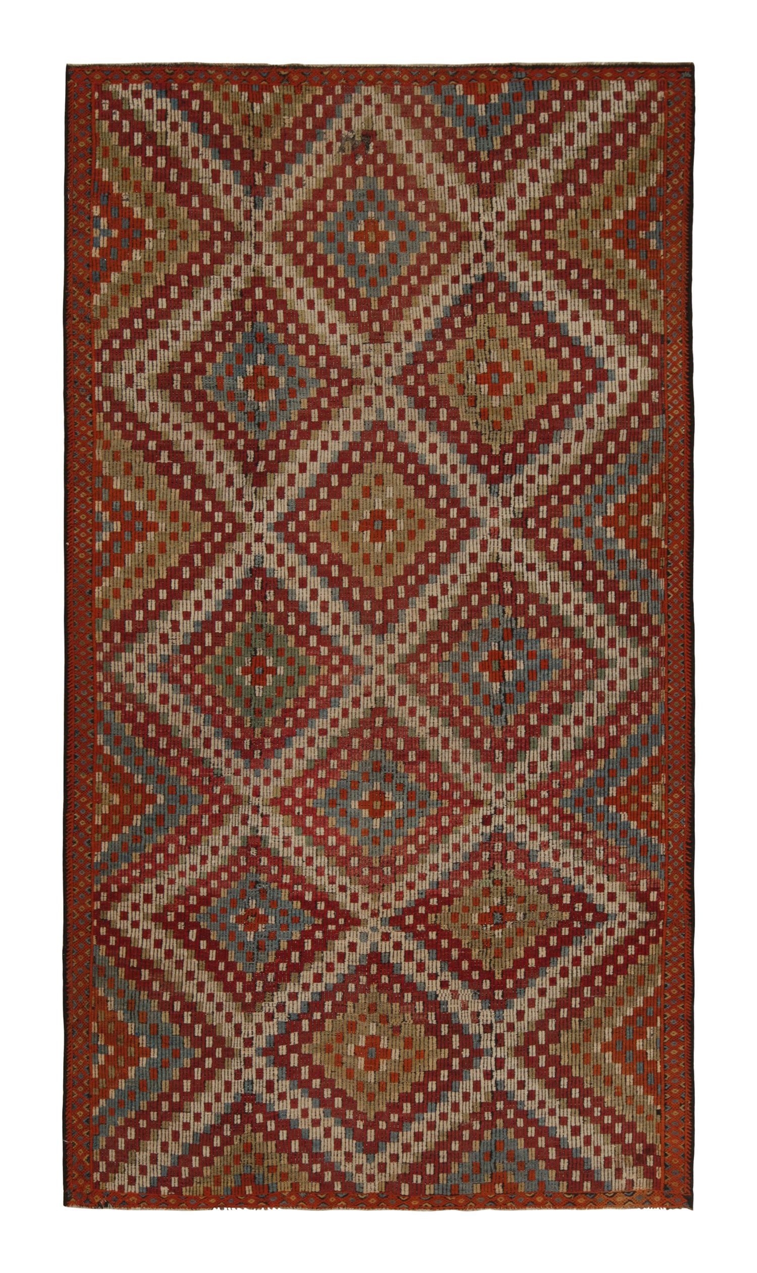 Vintage Chaput Style Kilim in Red Diamonds Blue and Green Accents by Rug & Kilim For Sale