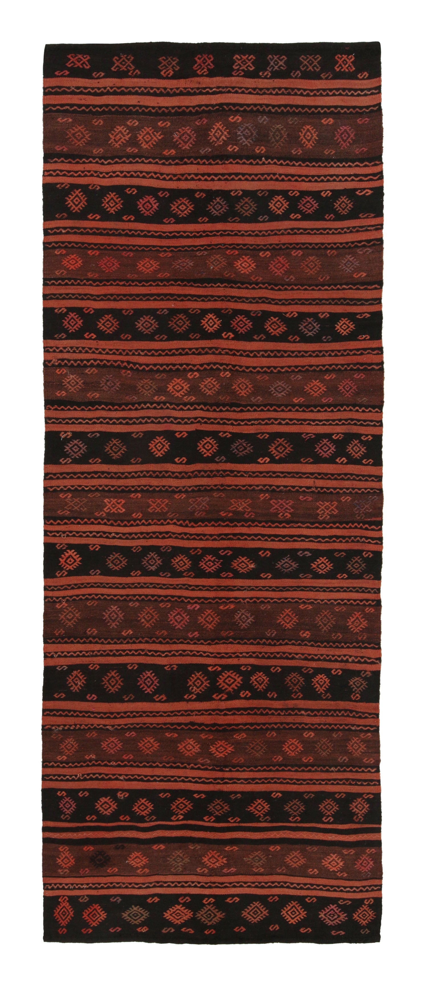 Vintage Gallery-Sized Kilim in Orange and Black Stripes Patterns by Rug & Kilim For Sale