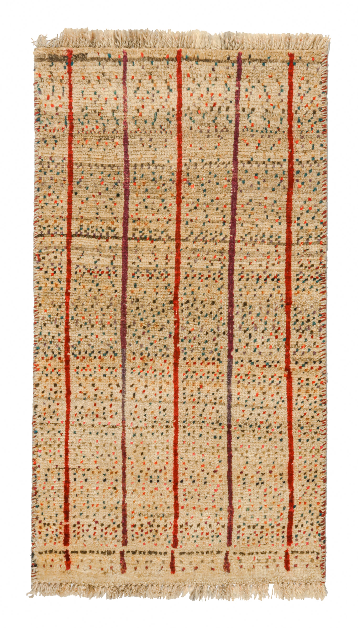 Vintage Gabbeh Tribal Rug in Beige- Red Stripes and Colorful Dots by Rug & Kilim For Sale