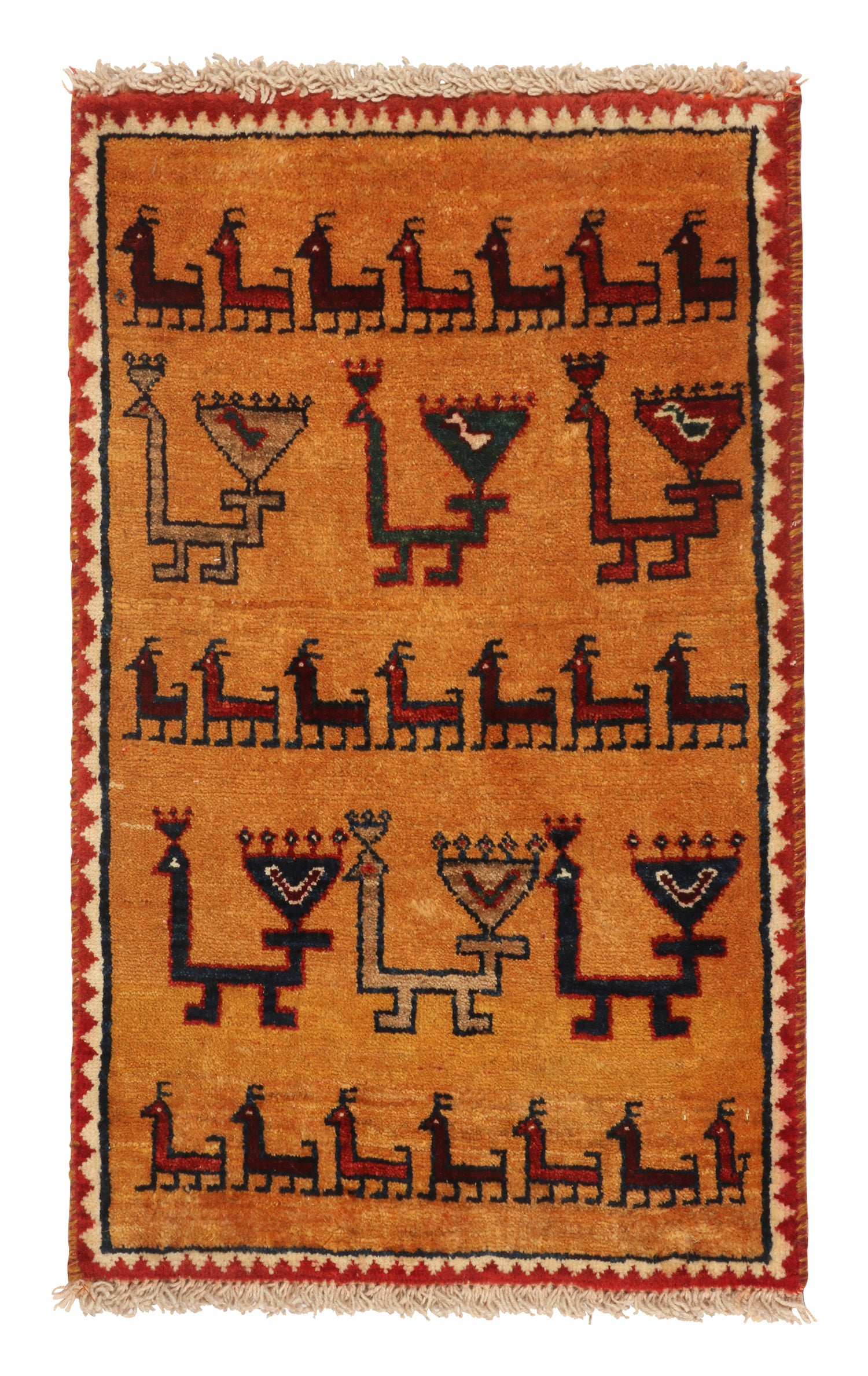 Gabbeh Tribal Teppich im Vintage-Stil mit golden-orange- und beige-braunem Muster von Teppich & Kelim