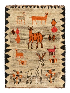 Rare Vintage Gabbeh Tribal Rug in Beige Pictorial Patterns by Rug & Kilim