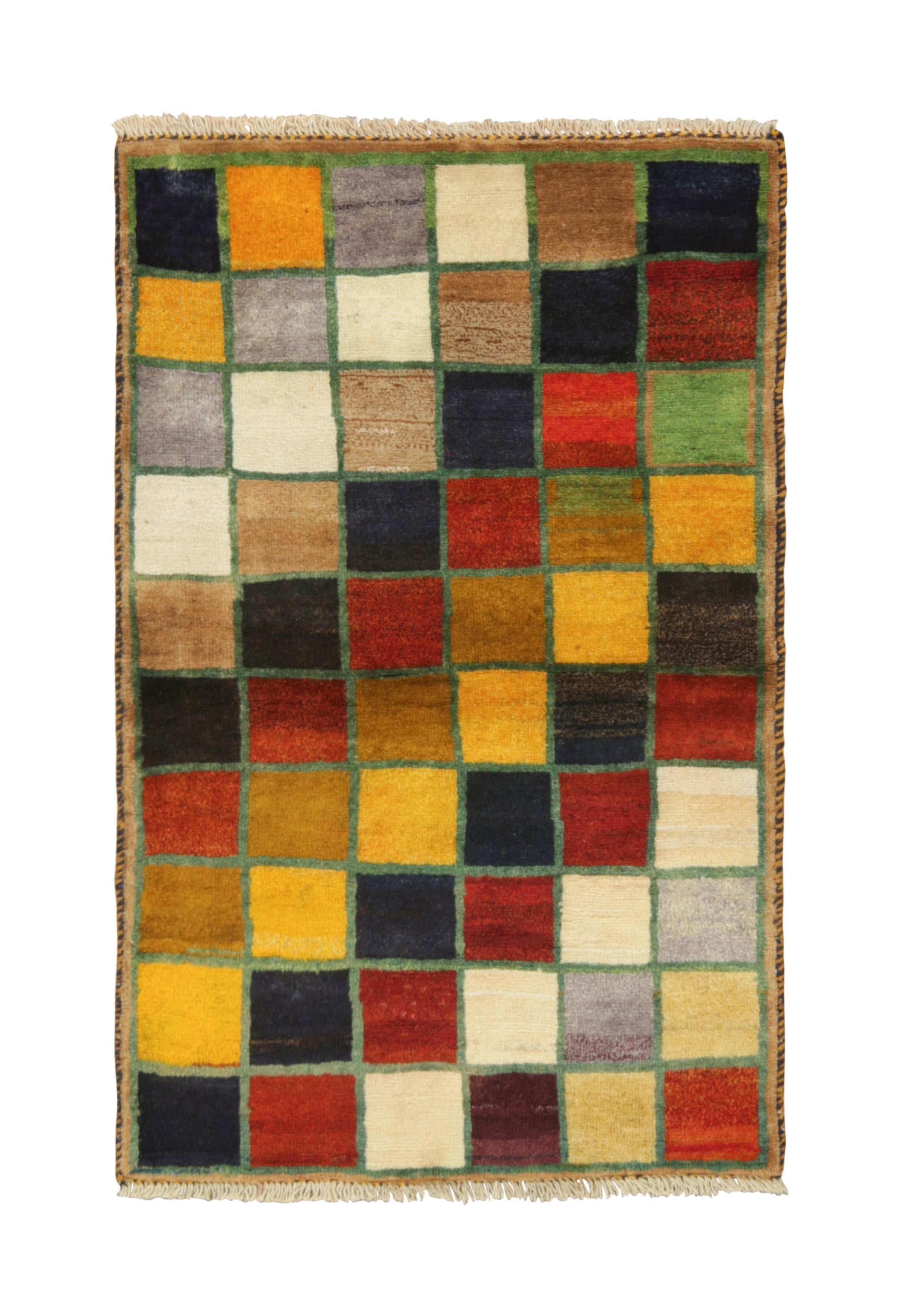 Tappeto tribale Gabbeh vintage con motivo geometrico policromatico di Rug & Kilim